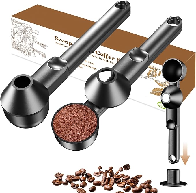 Coffee Scoop with Funnel for Ground Coffee, Protein Powder & Tea, for Reusable K Cup Refiller, 2TBSP Mess-Free, Funnel Design Prevents Spills (Black, 2-Pack)