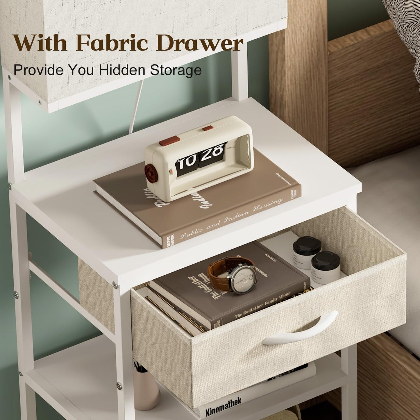 White Night Stand With Led Lamp, Small Nightstand With Drawer For small spaces, Small Bedside Table With Storage Shelves For Bedroom, Bed Side Table With Adjustable Feet, Metal Wood Structure, Sturdy