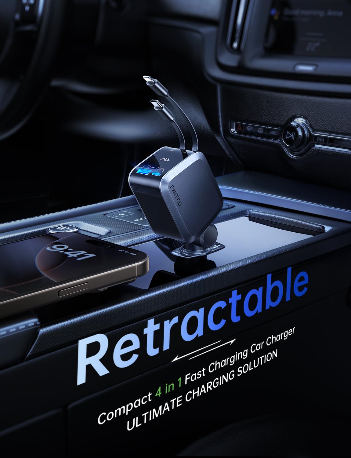 EWITGO Retractable Car Charger, Car Accessories, 72W Fast Charging USB C Car Charger with 4FT Retractable Cables and 2 Ports, for iPhone 16 15 14 13 12, Samsung etc Warm Grey