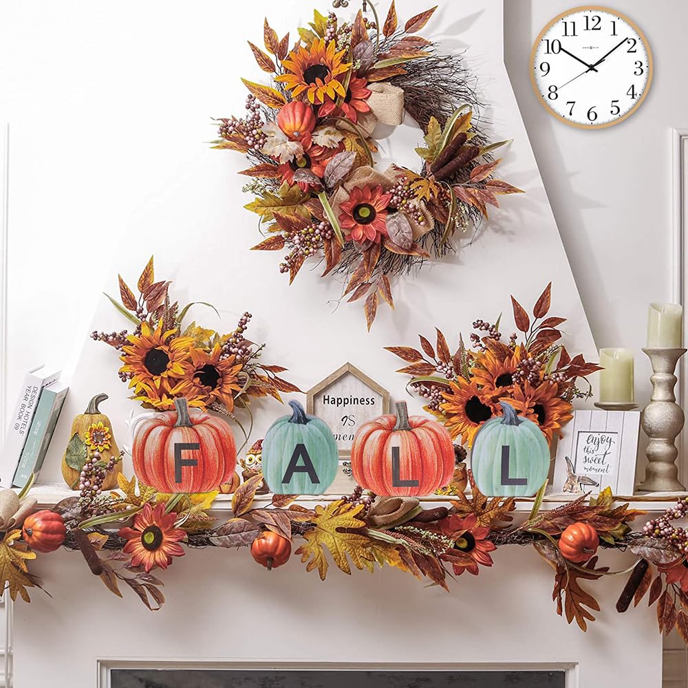 DECSPAS Fall Decorations for Home & Halloween Decorations Indoor, Double-Sided Pumpkin Wood Sign with Fall & Boo Lettered, Autumn Wooden Block Set for Table, Tiered Tray, Mantle, Thanksgiving Decor