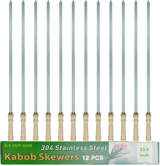23.5" Large Skewers for Grilling,304 Stainless Steel 0.4 inch Wide Kabob Skewers with Wooden Handle,Heavy-Duty Flat Metal Kebab Skewer,BBQ Barbecue Skewer Reusable for Outdoor Grill-12PCS