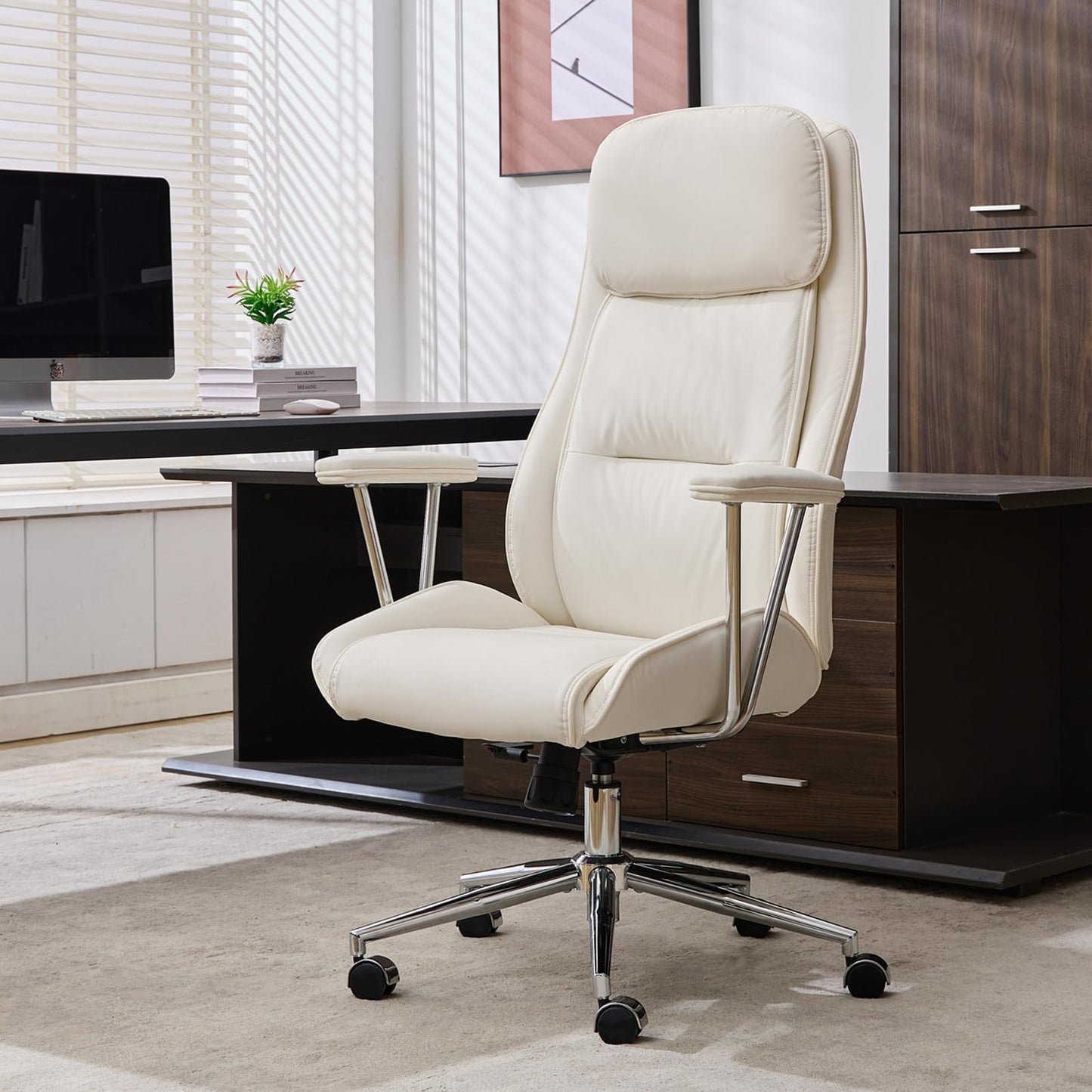 BOWTHY Modern Leather Office Chair,Ergonomic Home Office Desk Chair with Lumbar Support,High Back Swivel Rolling Task Computer Executive Chair,Comfy Conference Room Chairs,330lbs (Cream White)