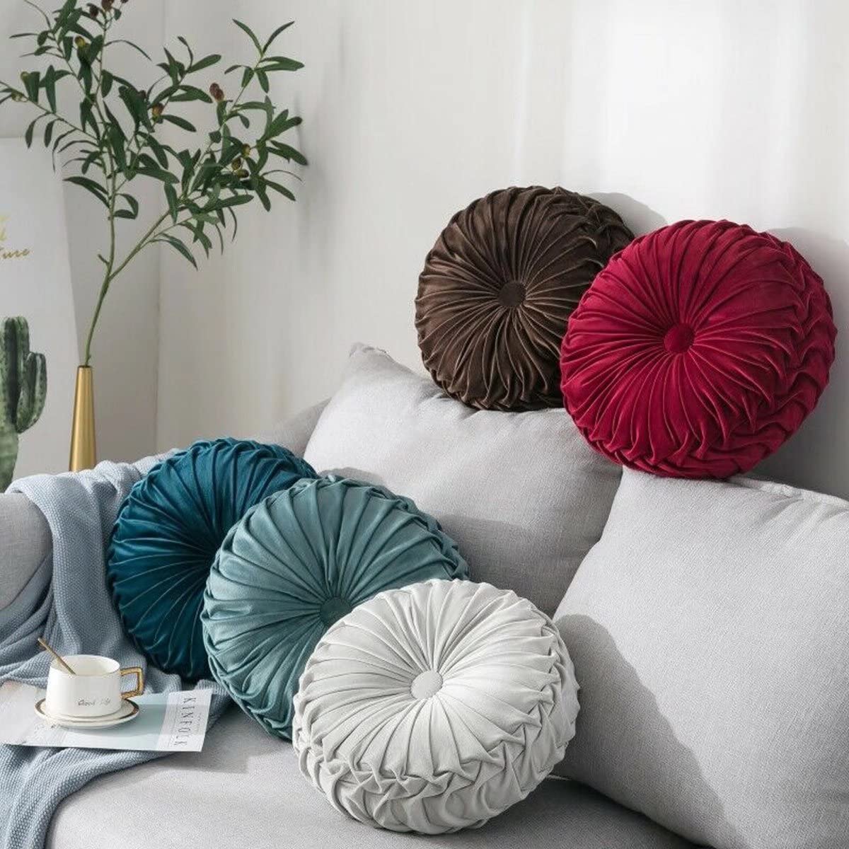 HLOVME Round Velvet Pillow for Couch Small Handmade Decorative Throw Pillow for Bed Bedroom 13.7” Wine Red