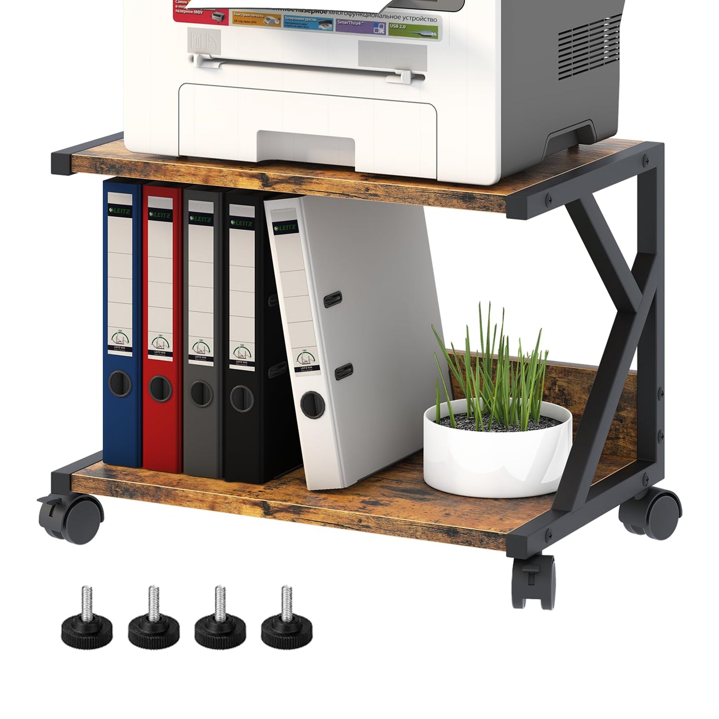aboxoo Desktop Printer Stand with 2 Tier Wood Storage Shelves,Under Desk Printer Table,Multi-Purpose Home Office Desk Organizer for Fax Machine, Scanner (Rustic Brown)
