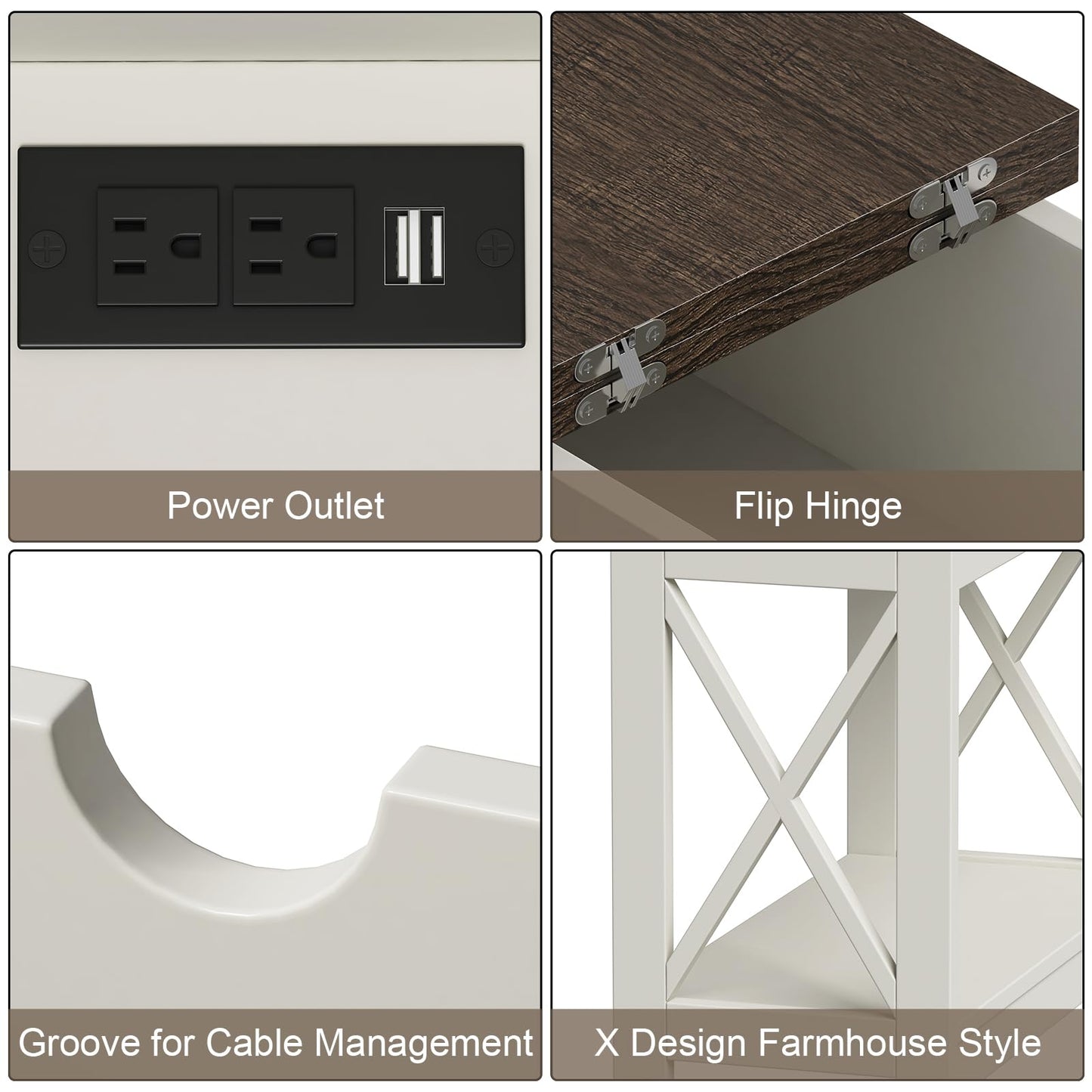 ChooChoo End Table with Charging Station, Narrow Flip Top Side Table with USB Ports & Power Outlets for Small Spaces, Nightstand Sofa Table for Living Room, Bedroom, White and Brown, 2 Pack