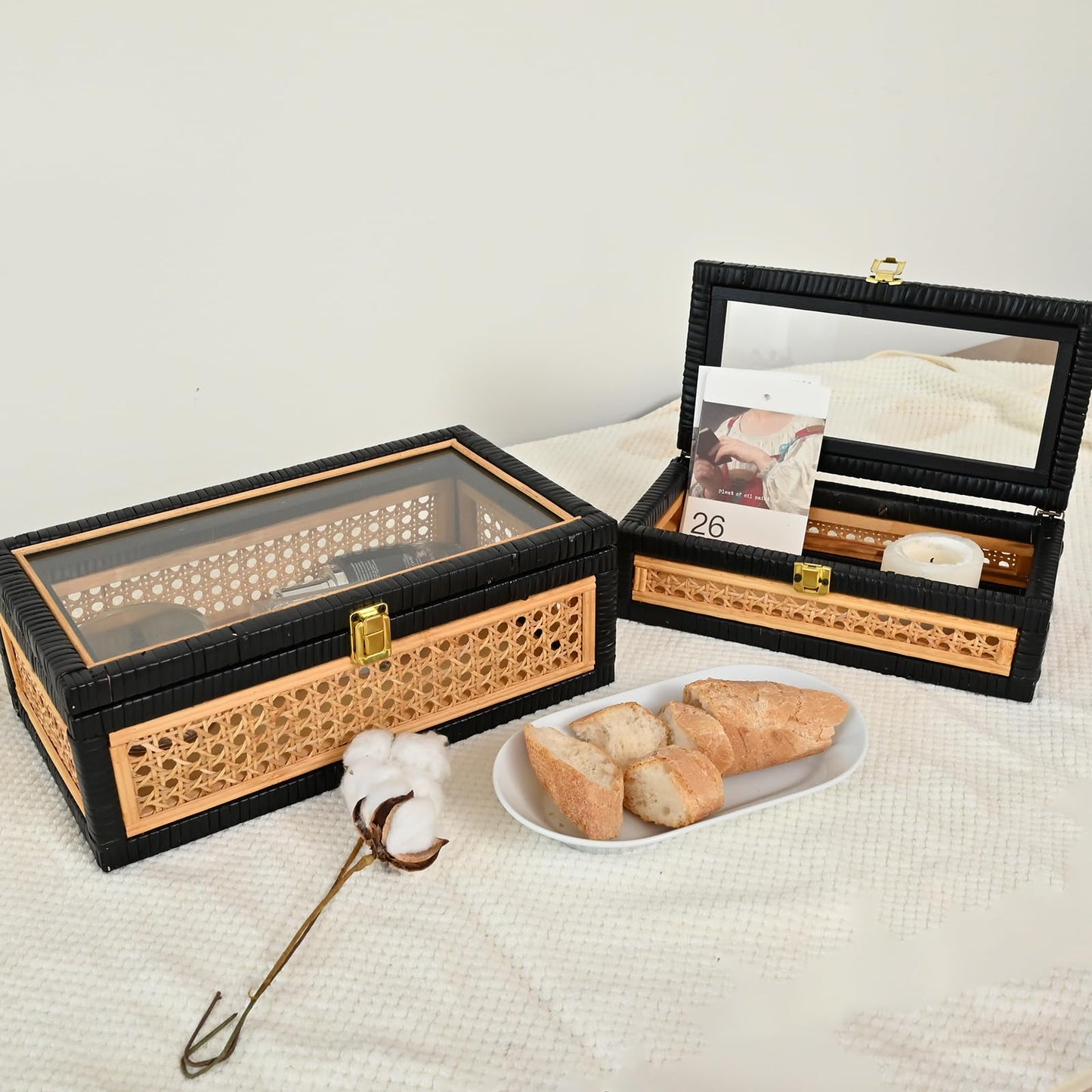 DECOR4SEASON Cane and Rattan Decorative Storage Boxes with Lids - Elegant Set of 2, Stacking Boxes with Glass Top, Handcrafted Rustic Charm for Home Organization (Rattan&Black, 14.1"x8.2"5.1")