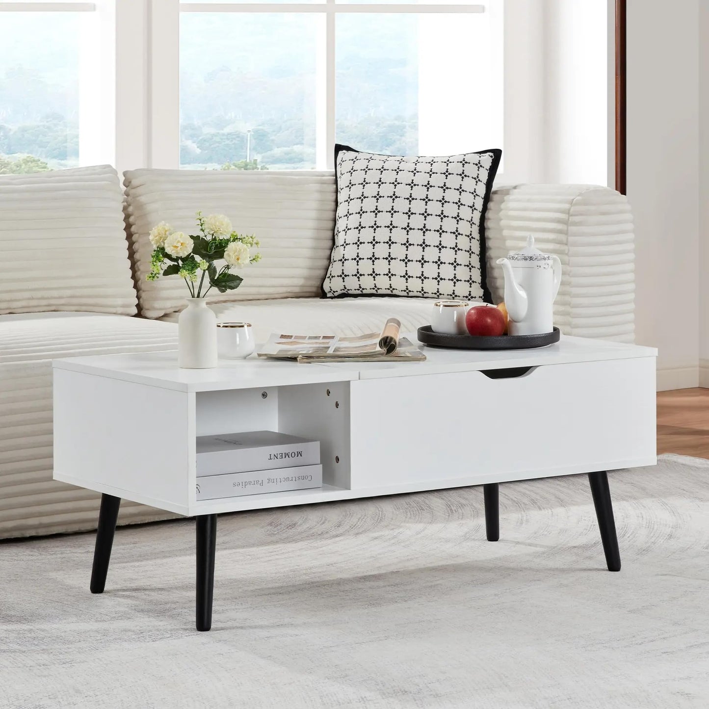 SANODESK 39" Wood Lift Top Coffee Table with Hidden Compartment and Storage Shelf for Living Room, Reception Room, White