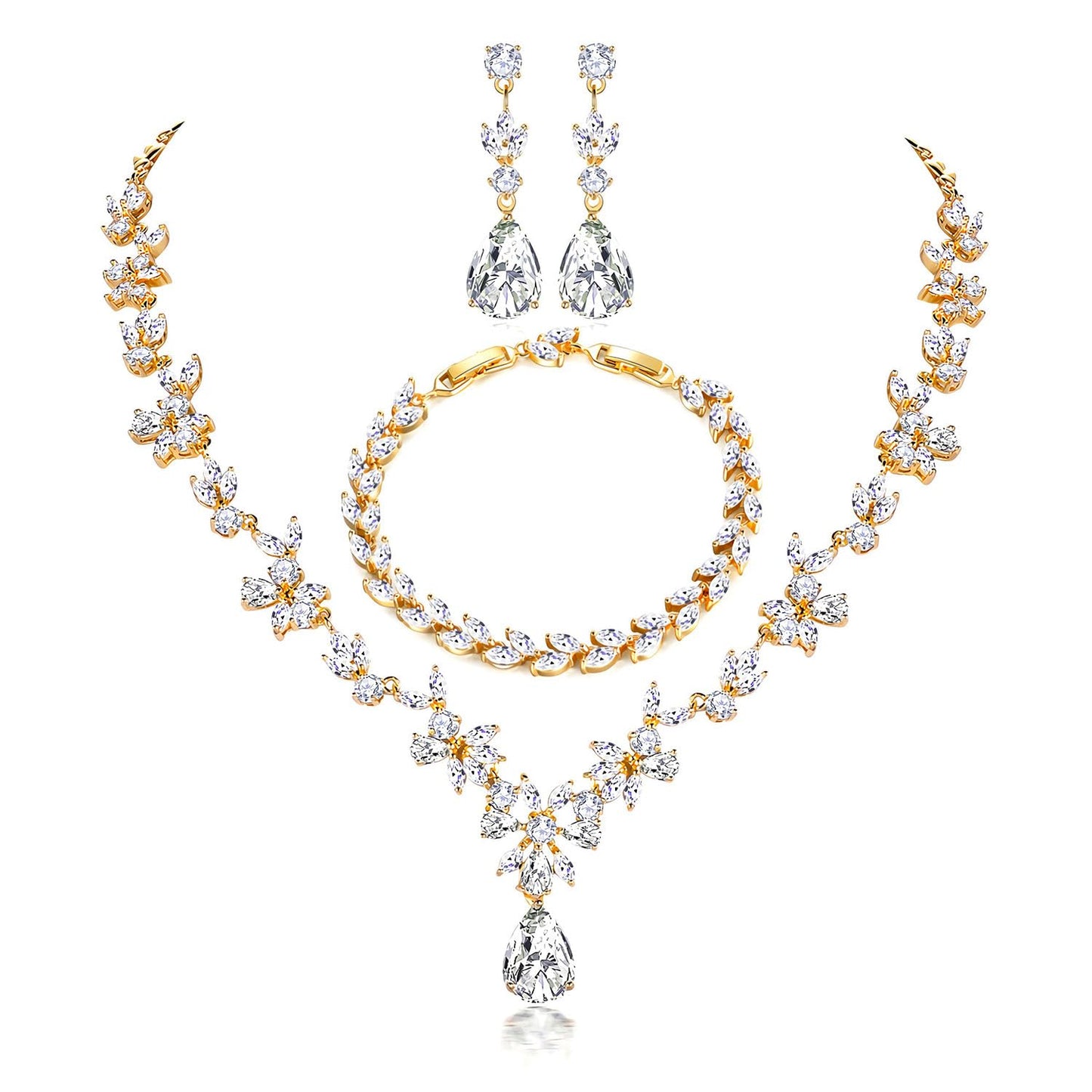 Hadskiss Jewelry Set for Women, Necklace Dangle Earrings Bracelet Set with White Cubic Zirconia, 18K Gold Plated Wedding Party Jewelry for Bridal Bridesmaid