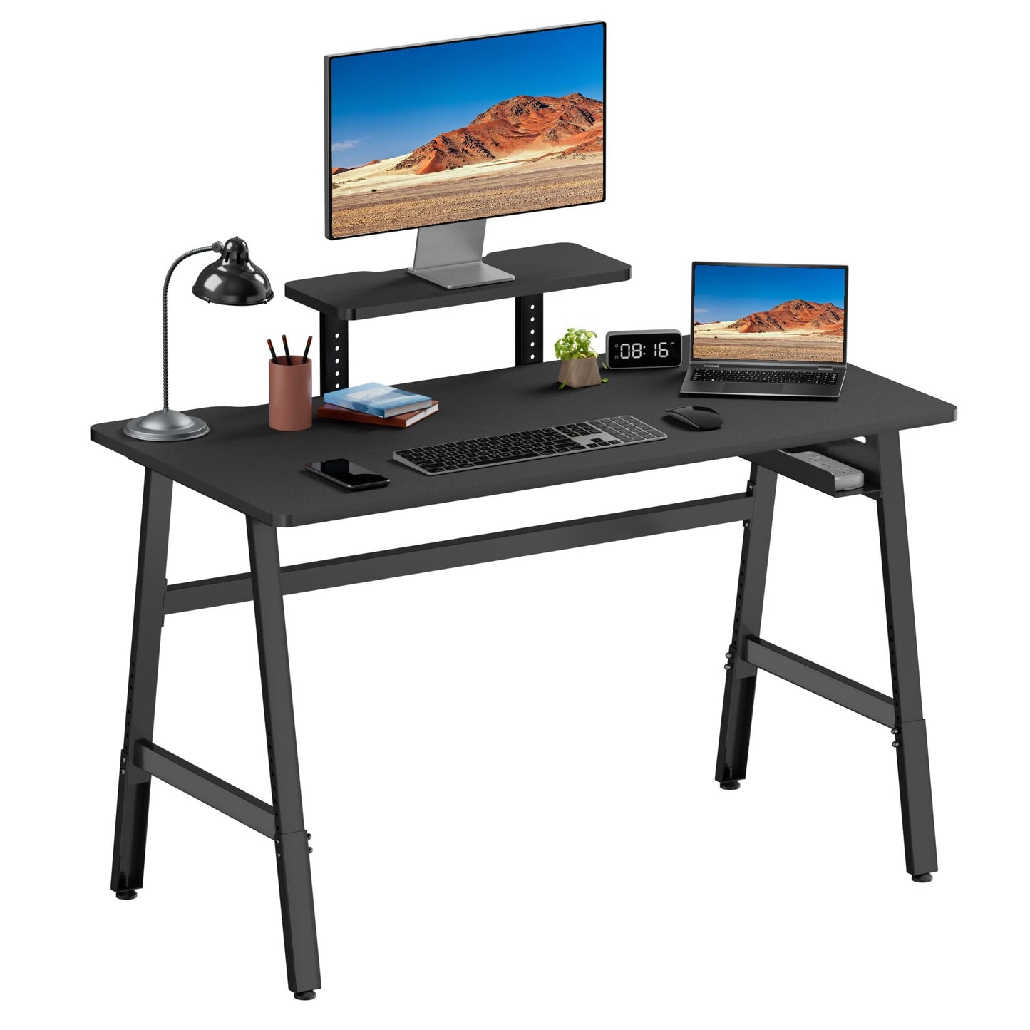 UPGRAVITY Height Adjustable Computer Desk - 47" Gaming Desk, Small Home Office Desk with Monitor Stand, Modern Simple Table Study Writing Work, Living Room Home Bedroom PC Table, Metal Frame, Black