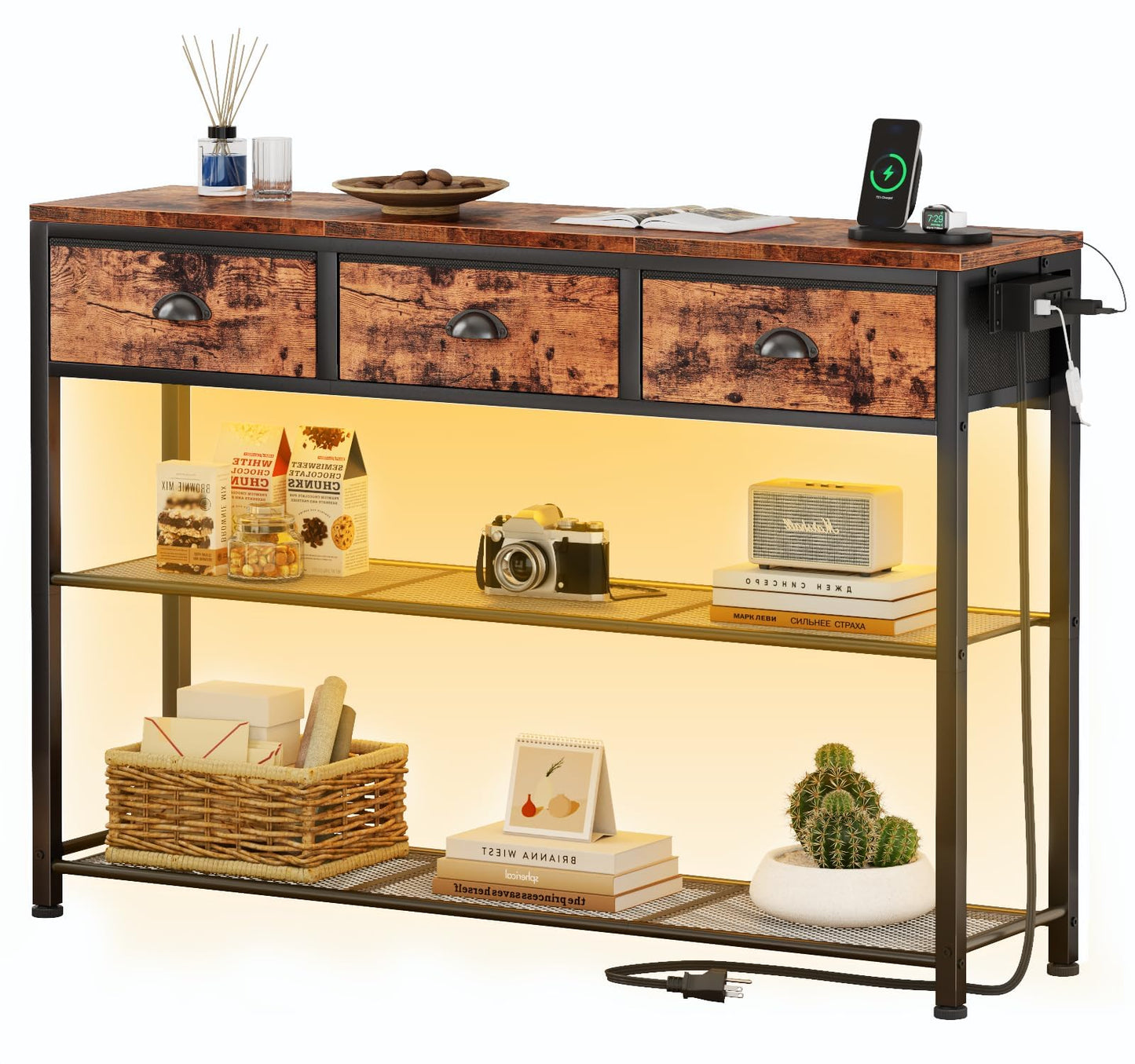 Furologee Console Table with Charging Station & 3 Fabric Drawers, 38'' Entryway Table with Storage Shelves and LED Light for Entry Way, Industrial Display Shelf for Hallway, Foyer, Rustic Brown