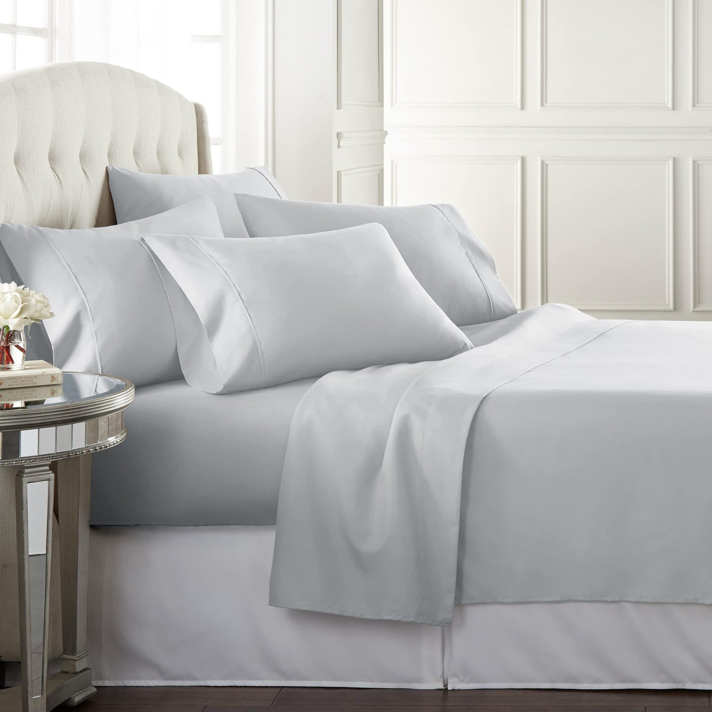 Danjor Linens Bed Sheet Set Full Size for Teens, Hotel Premium Sheets with 4 Pillowcases, Lightweight Brushed Microfiber Deep Pockets, Breathable Cooling 6 Piece Bedding Sets, Light Gray