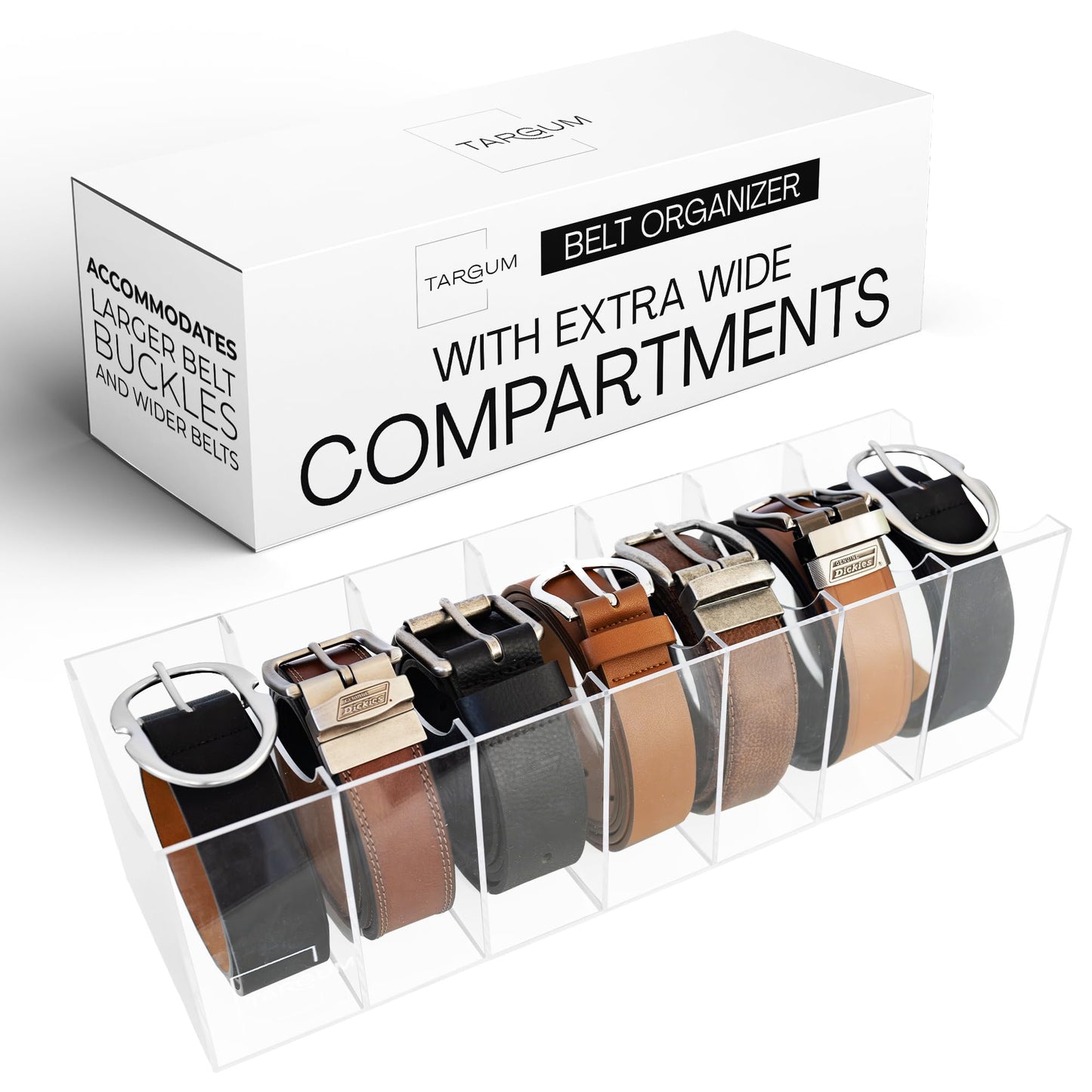 Belt Organizer for Larger Buckles With Extra Wide Compartments - 7 Compartments - Durable Acrylic Belt Organizer for Closet and Drawer