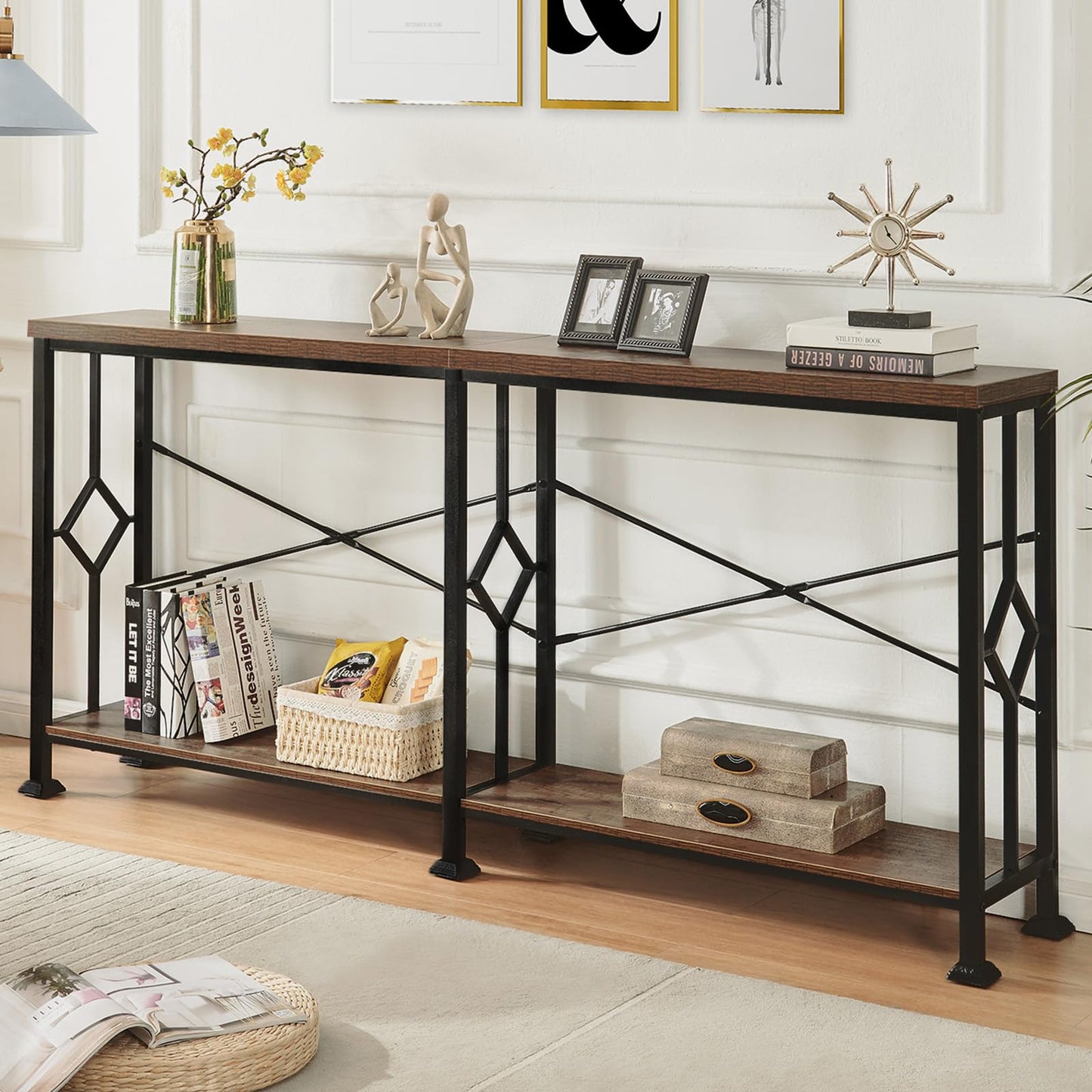 HOMISSUE Long Entryway Console Table, 70.9" Industrial Narrow Sofa Tables Behind Couch with 2 Tier Storage Shelf for Hallway, Living Room, Rustic Brown