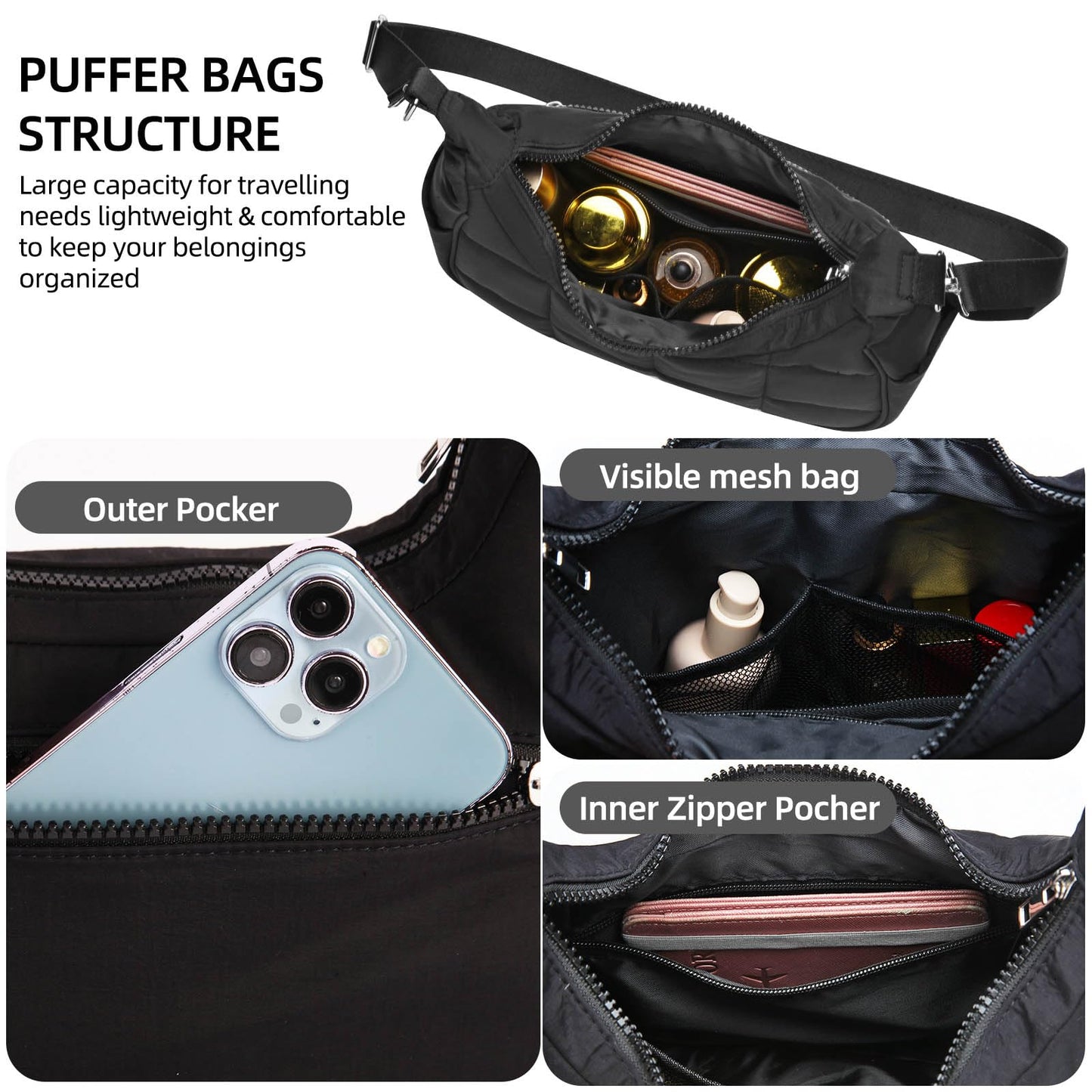 Puffy Crossbody Bags for Women, Small Puffer Crescent Shoulder Bag, Nylon Quilted Purse for Women with 2 Straps (Black)