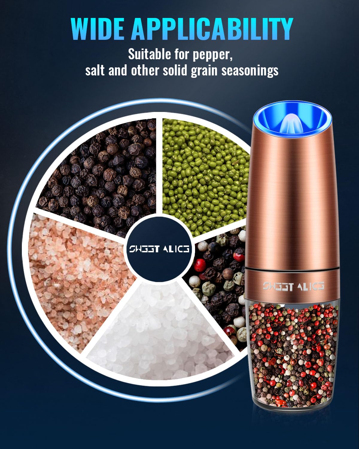 Sweet Alice Gravity Electric Pepper/Salt Grinder, Salt or Pepper Mill, Adjustable Coarseness, Battery Powered with LED Light, One Hand Automatic Operation, Stainless Steel (Single/Copper)