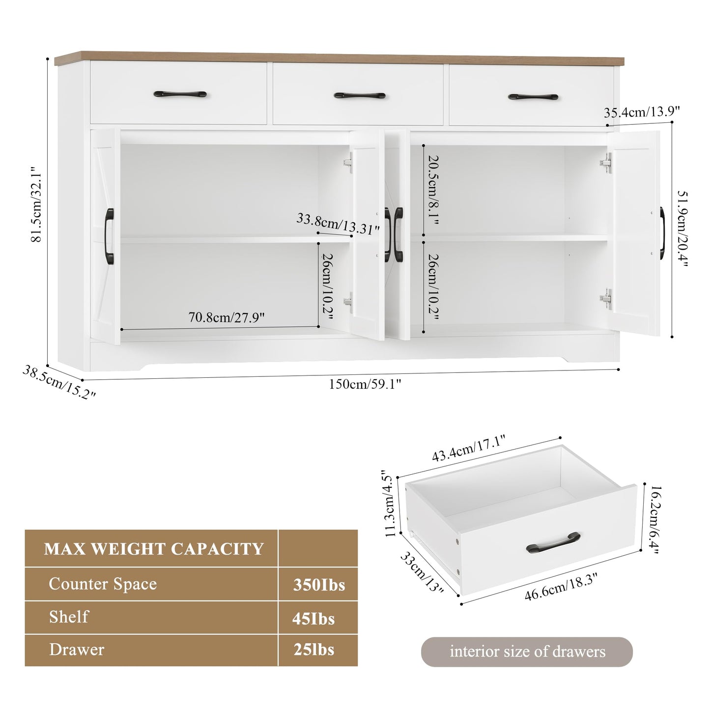 HOSTACK 59" Large Buffet Cabinet with Storage, Farmhouse Sideboard Buffet Cabinet with 3 Drawers, Wood Kitchen Coffee Bar with Doors and Shelves, Long Sideboard Kitchen Table for Dining Room, White