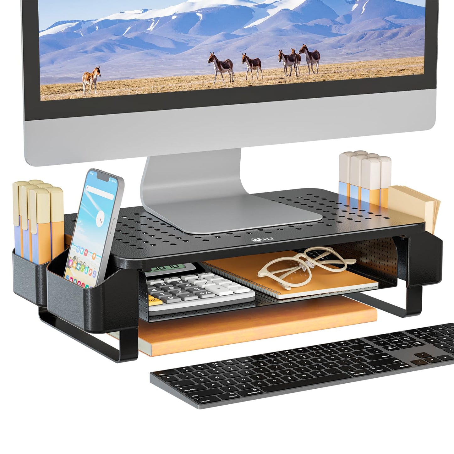 WALI Monitor Stand with Storage, Monitor Riser with Ventilation Drawer and Side Storage, Laptop Stand Riser for Desk, Printer Stands, (STT007), Black