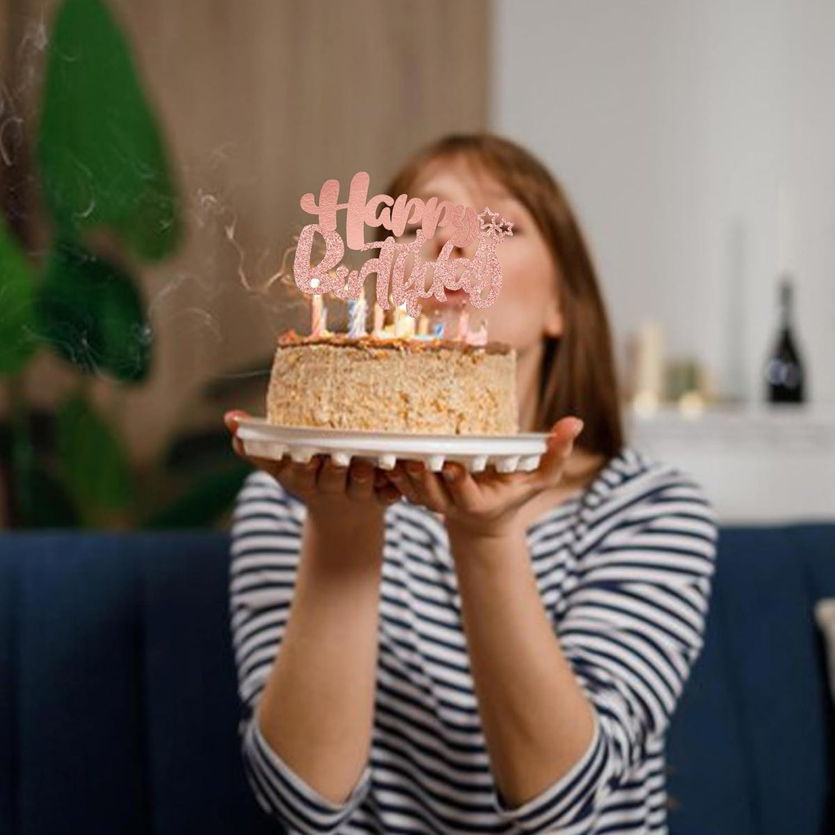 Ephlyn 1Pcs Happy Birthday Cake Topper Glitter Cake Pick for Celebrating Anniversary Theme Party Cake Decorations Supplies Rose Gold