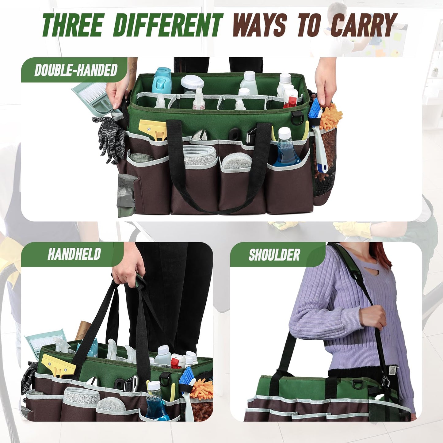 RUCYEN Large Wearable Cleaning Caddy Bag,Cleaning Supplies Organizer with Handles Shoulder Strap for Cleaning Tools Storage, Cleaning Caddy with 4 Foldable Dividers,Cleaning Bags for Housekeepers