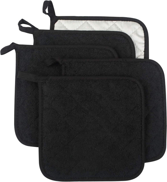 100% Cotton Kitchen Everyday Basic Terry Pot Holder Heat Resistant Coaster Potholder for Cooking and Baking Set of 5 Black