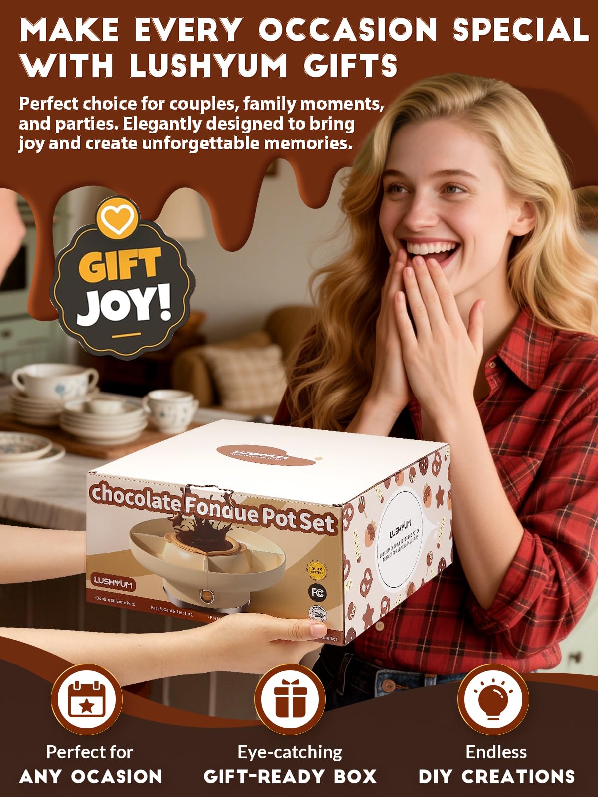LUSHYUM Chocolate Fondue Pot Set Electric Melting Machine, 4-Cup Capacity 4 Trays 5 Forks 1 Spatula Cheese Warmer, Ideal Gift for Couple Family & Date Night Idea House Warming Holidays Essentials