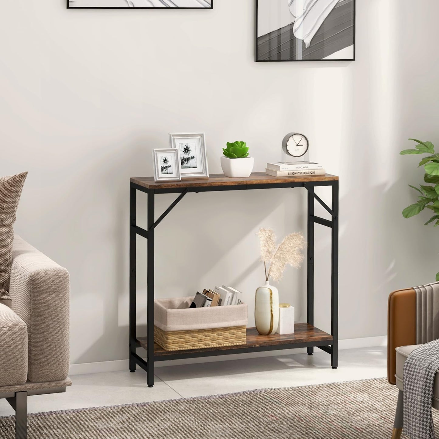 Livofloral Narrow Console Table, Small Entryway Table with 2 Support Bar, 2 Tier Sofa Table, 29.5" Thin Couch Table, Display Table, Side Table for Living Room, Hallway, Bedroom, Rustic Brown