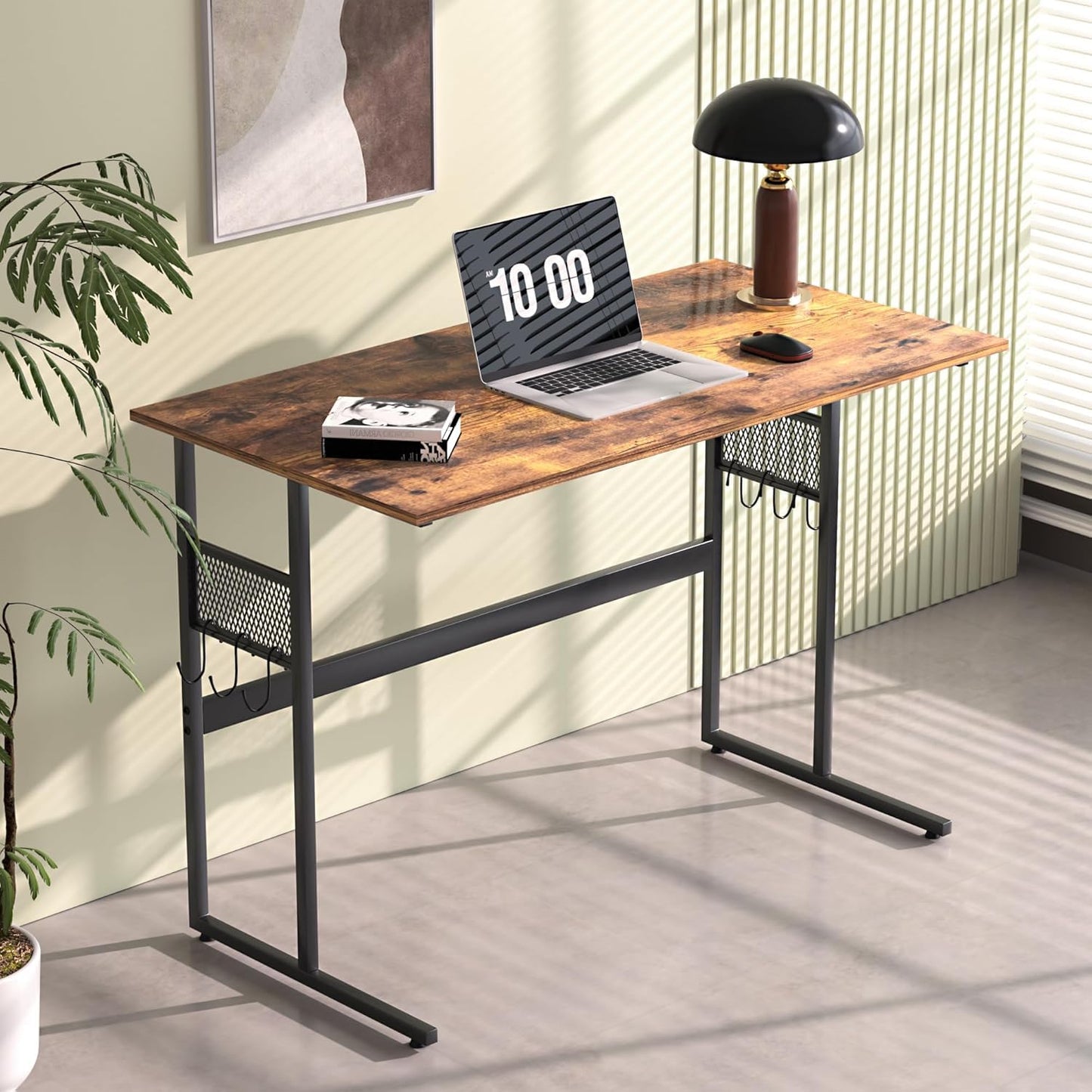 VECELO 43 Inch Computer Desk Home Office Water Proof Writing Desk with 4 Hooks Study Desk with Hook. Adjustable Feet Wooden Desk for Small Space/Home Office/Dormitory Rusic Brown