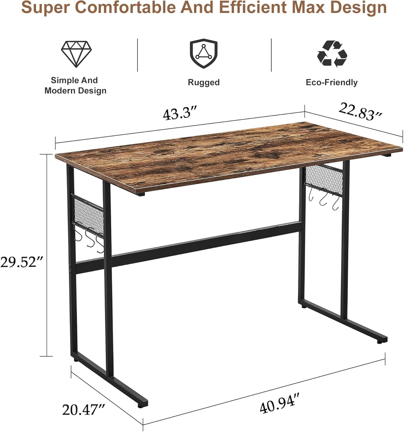 VECELO 43 Inch Computer Desk Home Office Water Proof Writing Desk with 4 Hooks Study Desk with Hook. Adjustable Feet Wooden Desk for Small Space/Home Office/Dormitory Rusic Brown