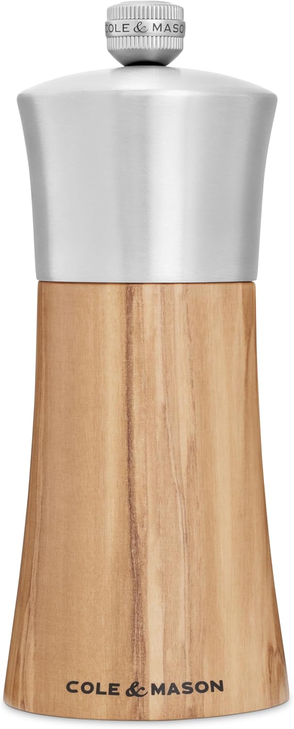 Cole & Mason Bromley Salt Mill, 6" - Salt Grinder with Ultra-Sharp Grinding Mechanism - Flavor-Enhancing Salt Shaker - Refillable Mill with Adjustable Grinding - Olive Wood, Salt Mill
