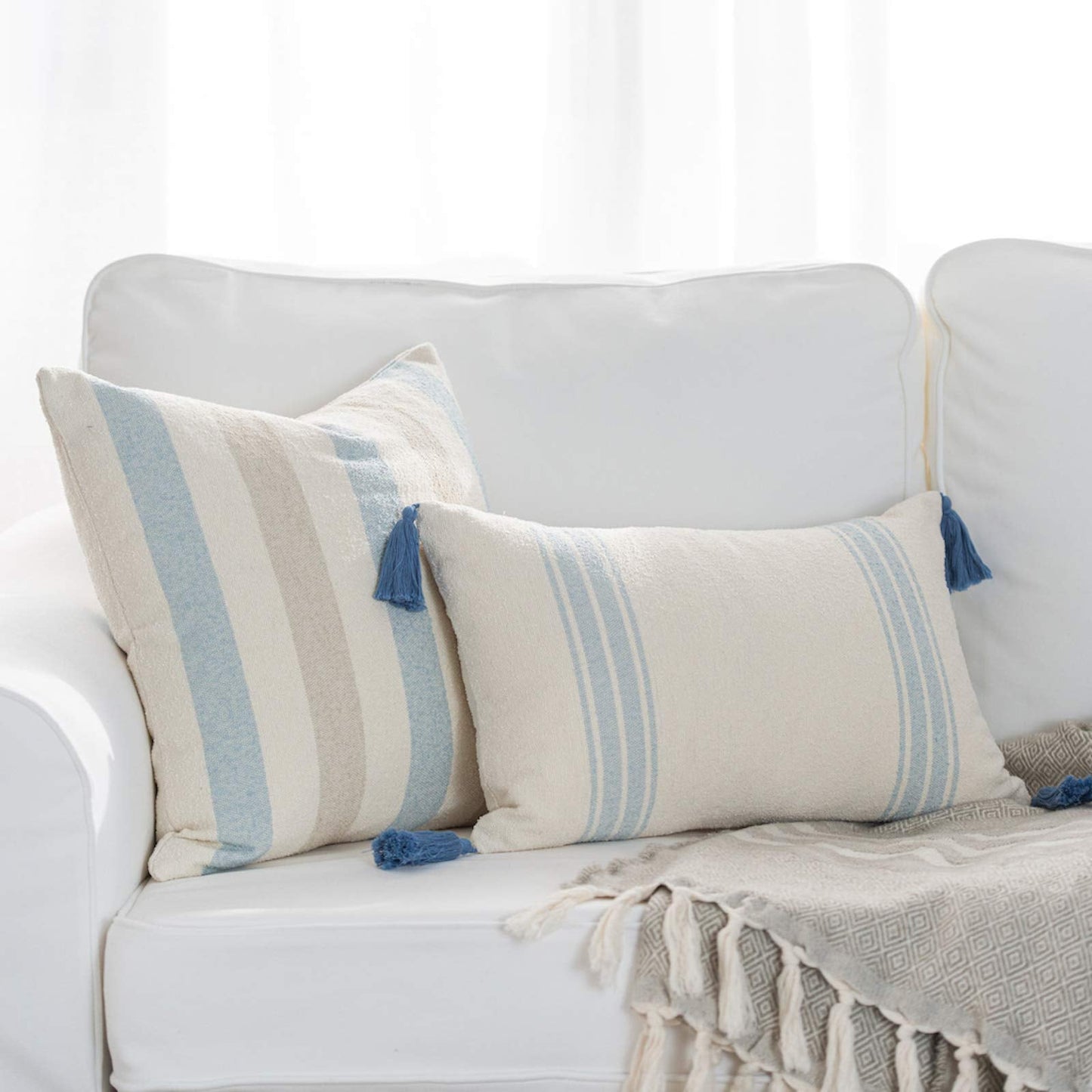 Hofdeco Beach Coastal Decorative Pillow Cover ONLY for Couch, Sofa, or Bed, Light Blue Tan Taupe Woven Stripe, 18"x18"