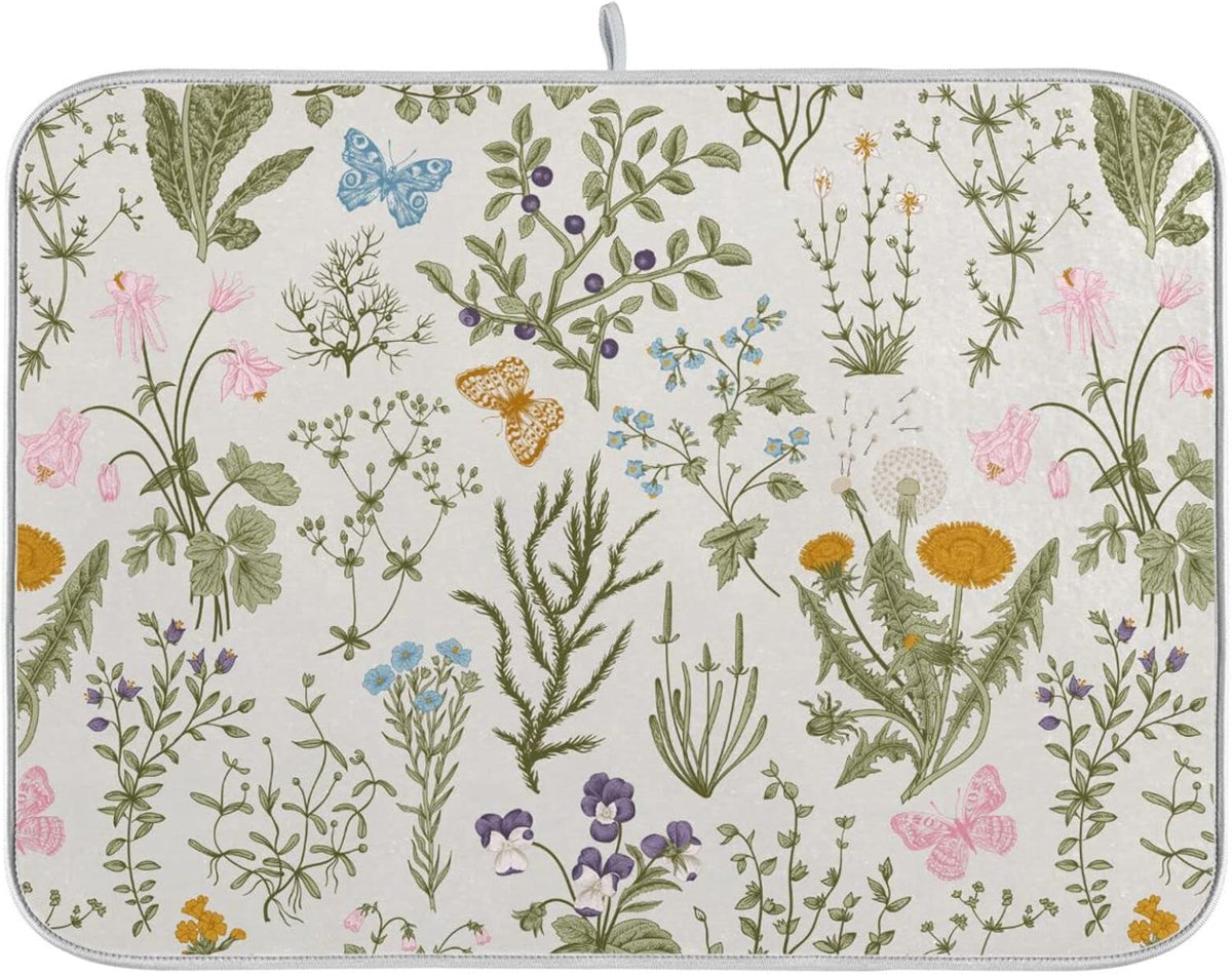 Herbs Flowers Botanical Butterfly Dish Drying Mat for Kitchen Counter Absorbent Microfiber Drying Pad, Medium 16x18 in, Reversible Drainer Mats