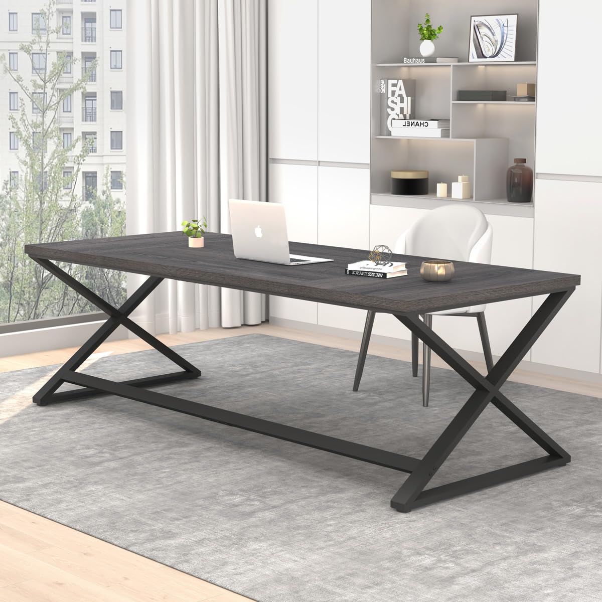 IBF 70 Inch Large Desk, Long Computer Desk for Writing Study, Industrial Home Office Work Executive Desk for Bedroom, Wood Metal Pc Gaming Workstation Computer Table for 2 Monitors, Dark Gray Oak