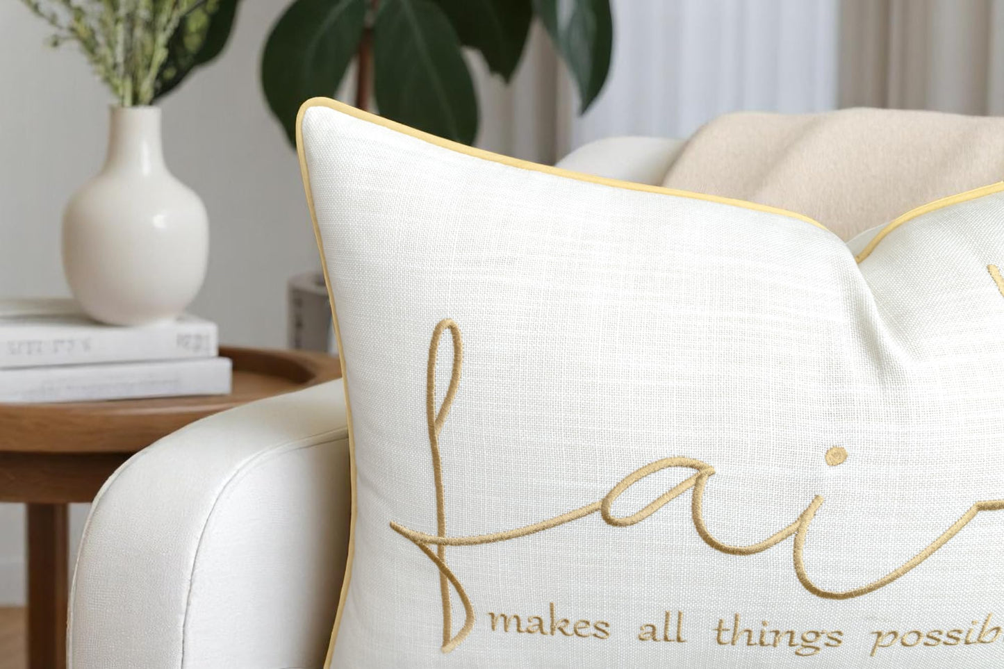 Rudransha 12x20 Faith Lumbar Pillow Cover - Embroidered Quote Design - Decorative Throw Pillow for Couch, Sofa, Bedroom, Entryway, Bench - Religious Home Decor Gift - Ivory