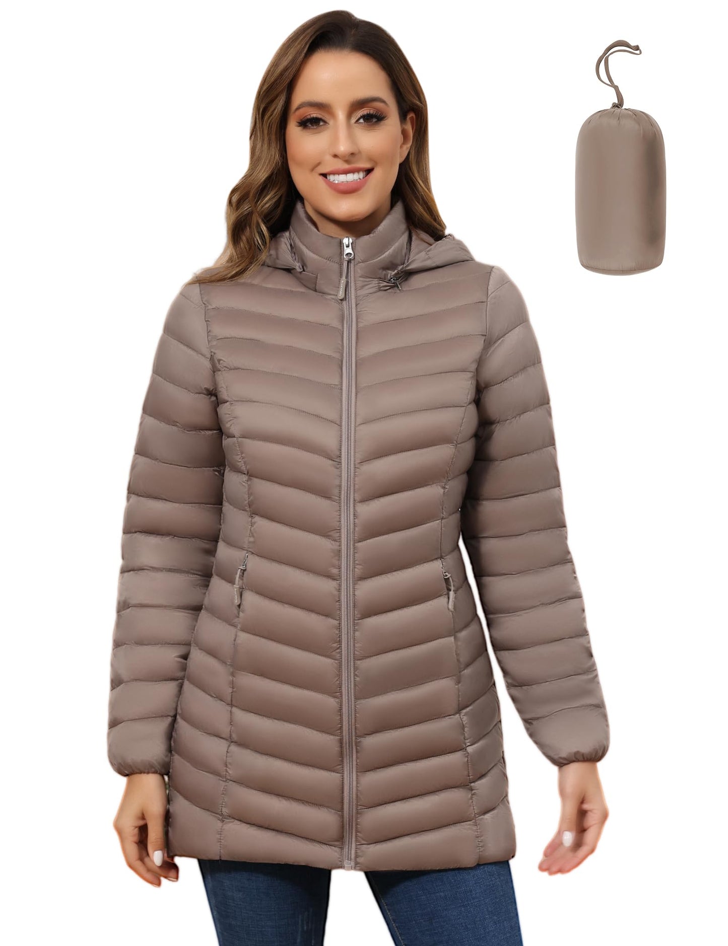 ROYAL MATRIX Women's Packable Puffer Jacket - Lightweight Winter Warm Long Quilted Puffer Coat with Detachable Hood (Khaki, XXL)