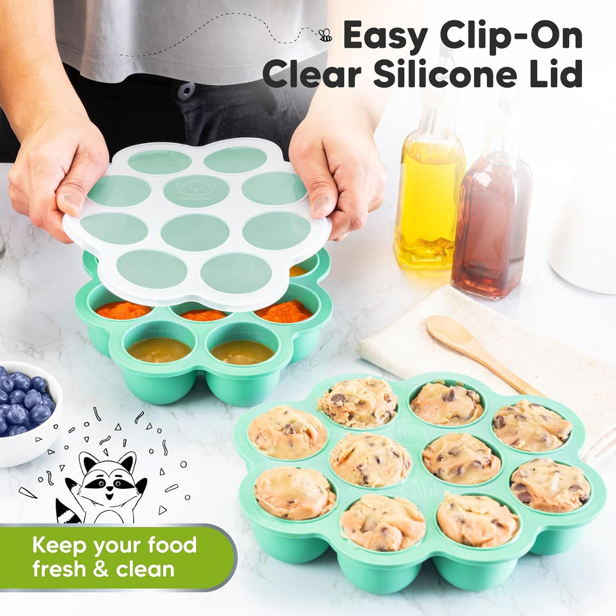 KeaBabies Silicone Food Freezer Trays with Lid, 2oz x 10 Pods Baby Food Storage Containers, Easy Puree Meal Prep, Breast Milk Silicone Freezer Molds, Dishwasher,Microwave Safe,BPA-Free(Alpine Green)