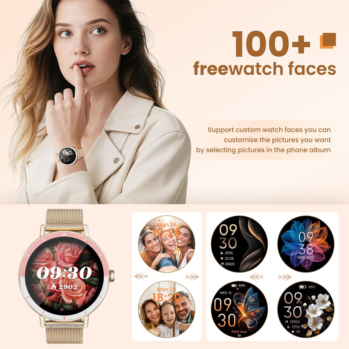 KEEPONFIT Smart Watches for Women Android/iPhone, IP68 Waterproof Fitness Tracker with Bluetooth Calls(Answer&Make), Activity Pedometer/Heart Rate/SpO2 Monitor/100+ Sports Model