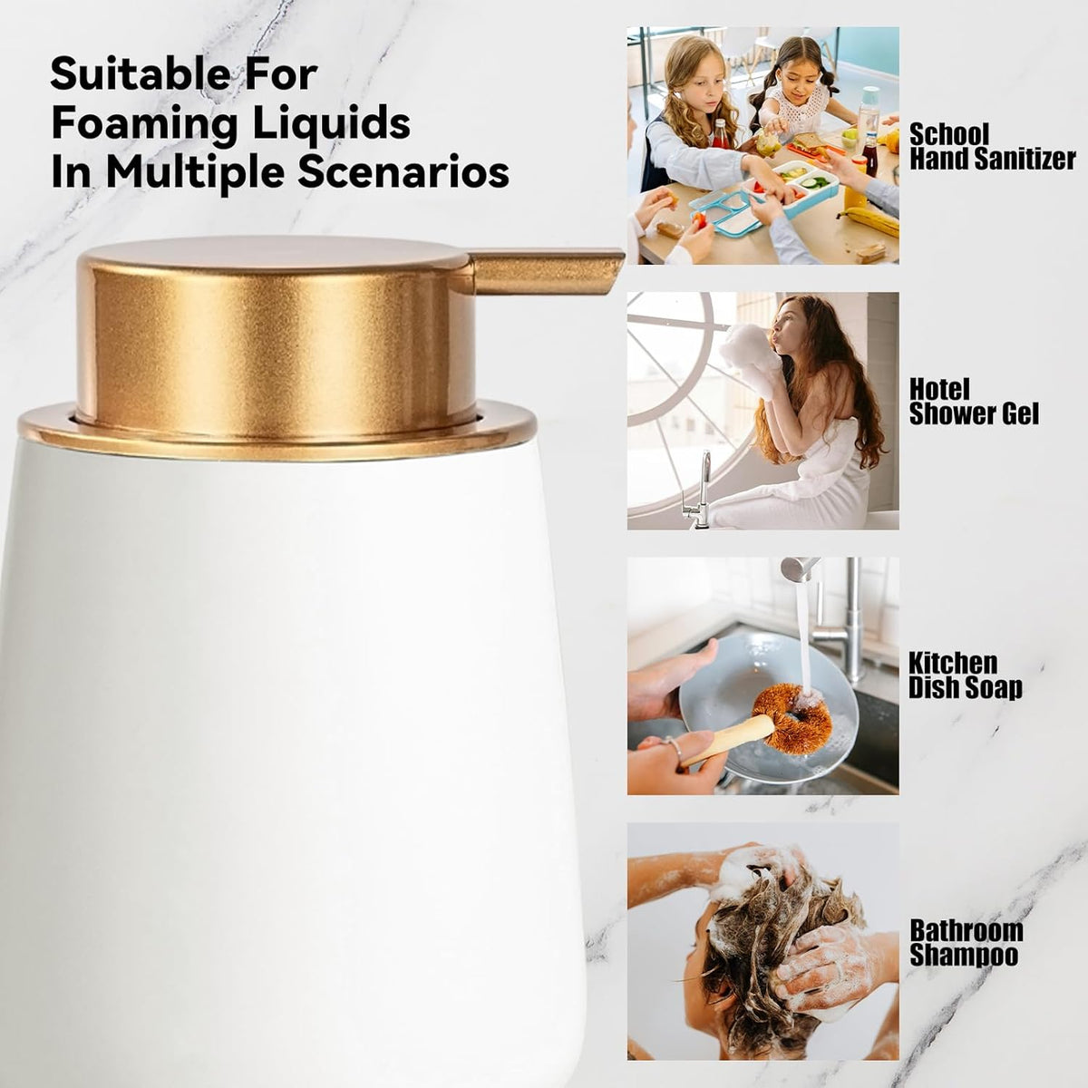 Foaming Soap Dispenser - 12 Oz White Ceramic Foam Hand Soap Dispenser for Bathroom, Face Wash Dispenser Bottle with Matte Golden Foam Pump, Refillable Lotion Dish Dispenser for Kitchen