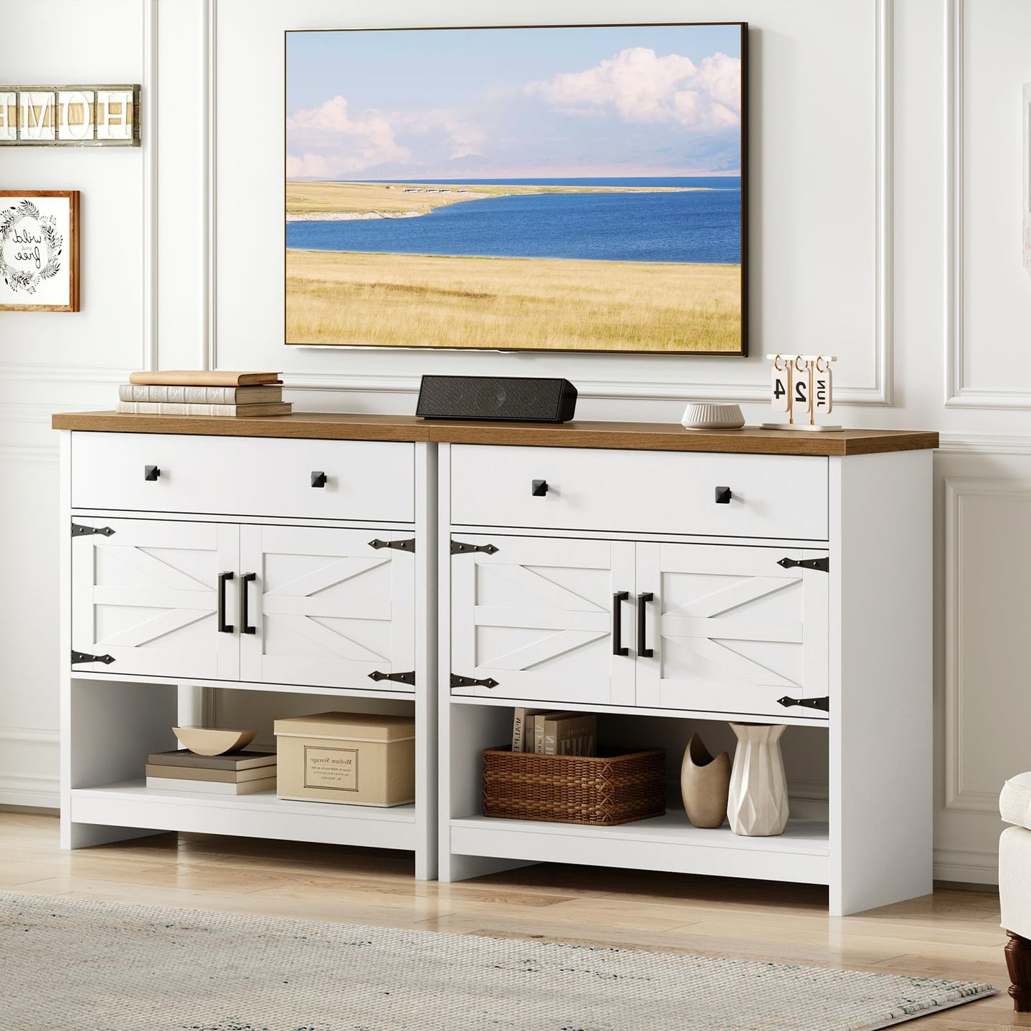 HOOBRO 34.3 Inches Farmhouse Console Table with Large Drawer and 2-Door Cabinet, Entryway Table with Storage, Sofa Table, Coffee Bar, for Entrance, Kitchen, Living Room, Walnut and White WH90XG01