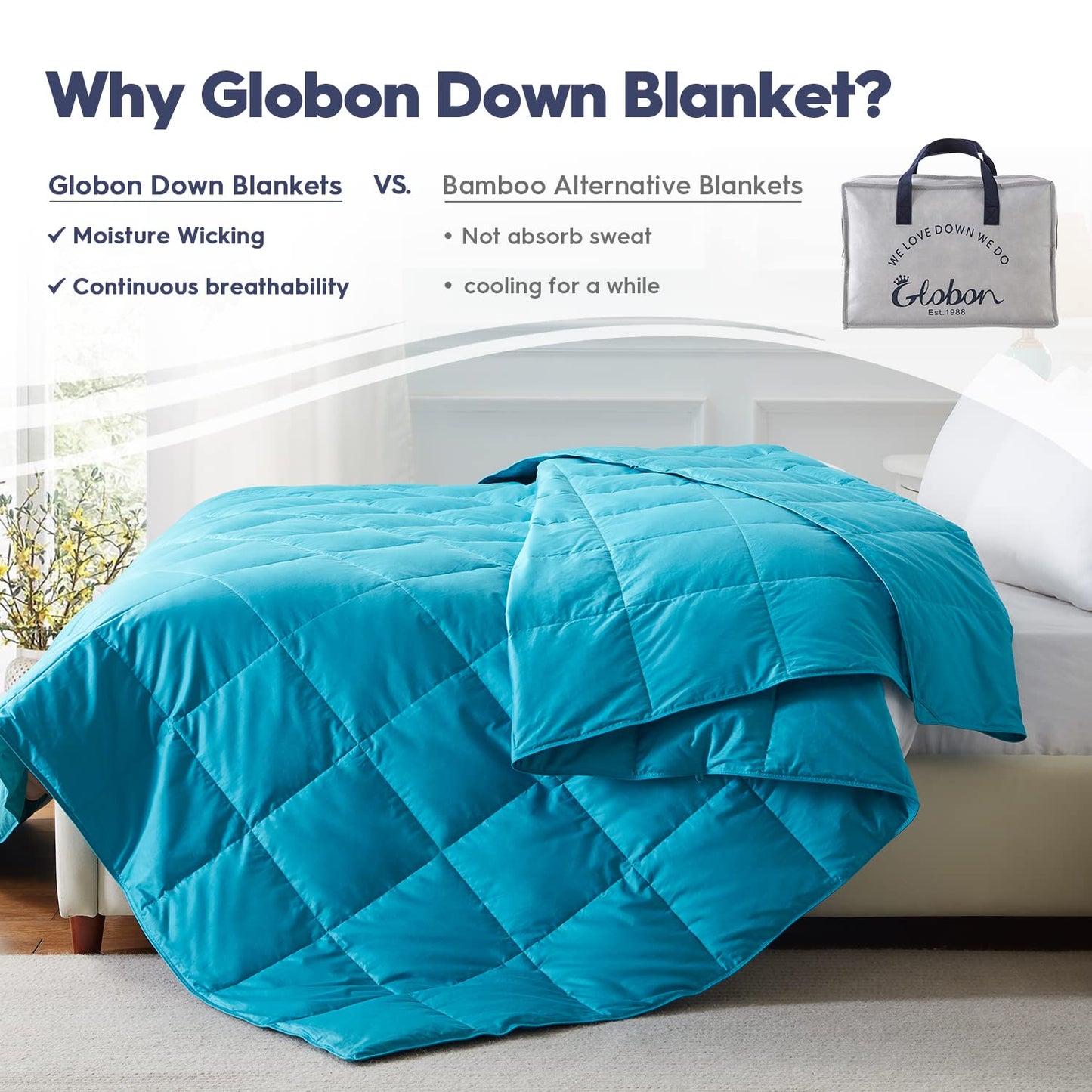 Globon Extra Lightweight Down Blanket Queen Size,Summer Comforter/Duvet Insert,10OZ,700 Fill Power with 8 Corner Tabs,Turquoise Blue