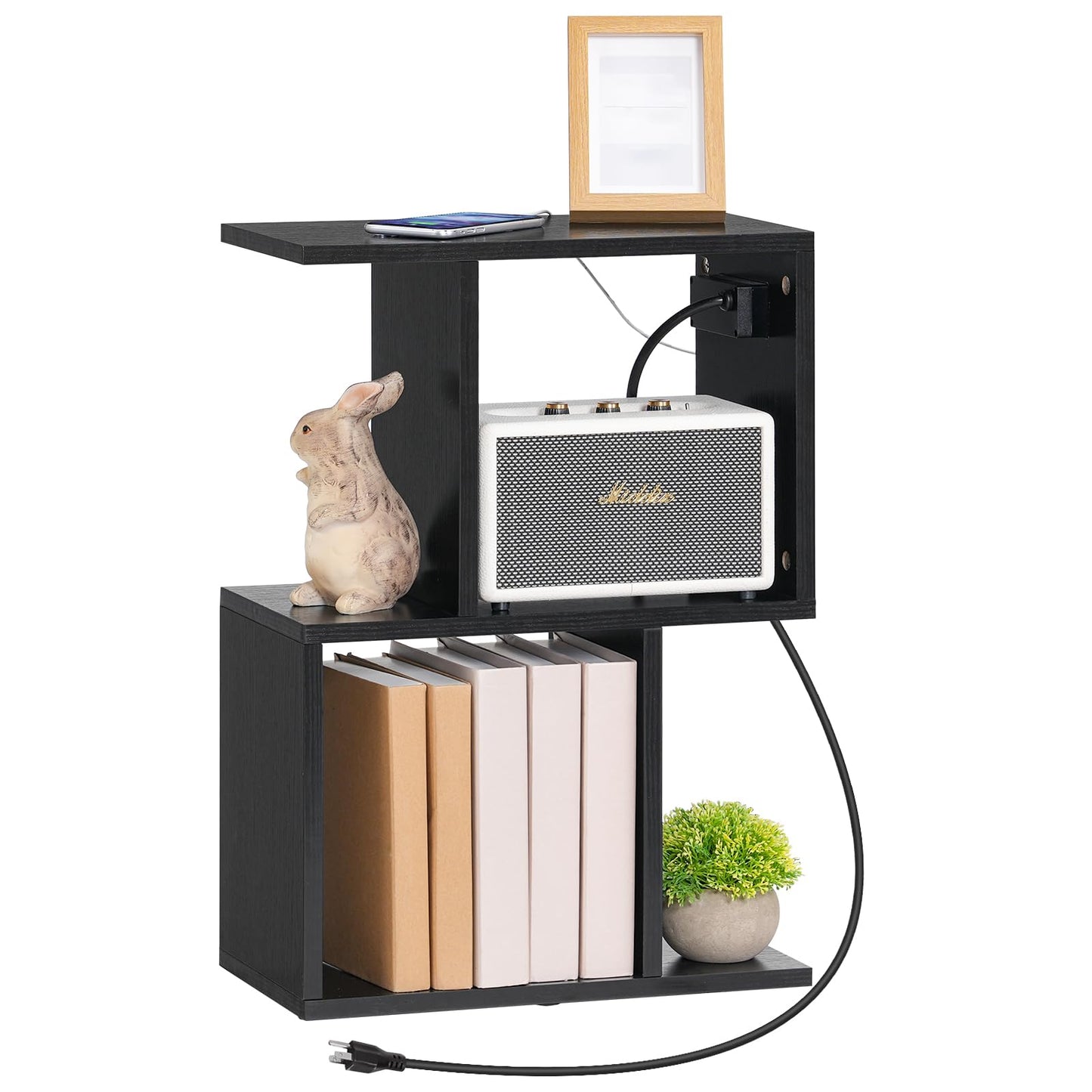 HOOBRO Narrow Side Table with Charging Station, S-Shaped Slim End Table Geometric Bookshelf with Open Storage, for Small Space, Living Room, Bedroom, Rustic Brown FG137UBZ01