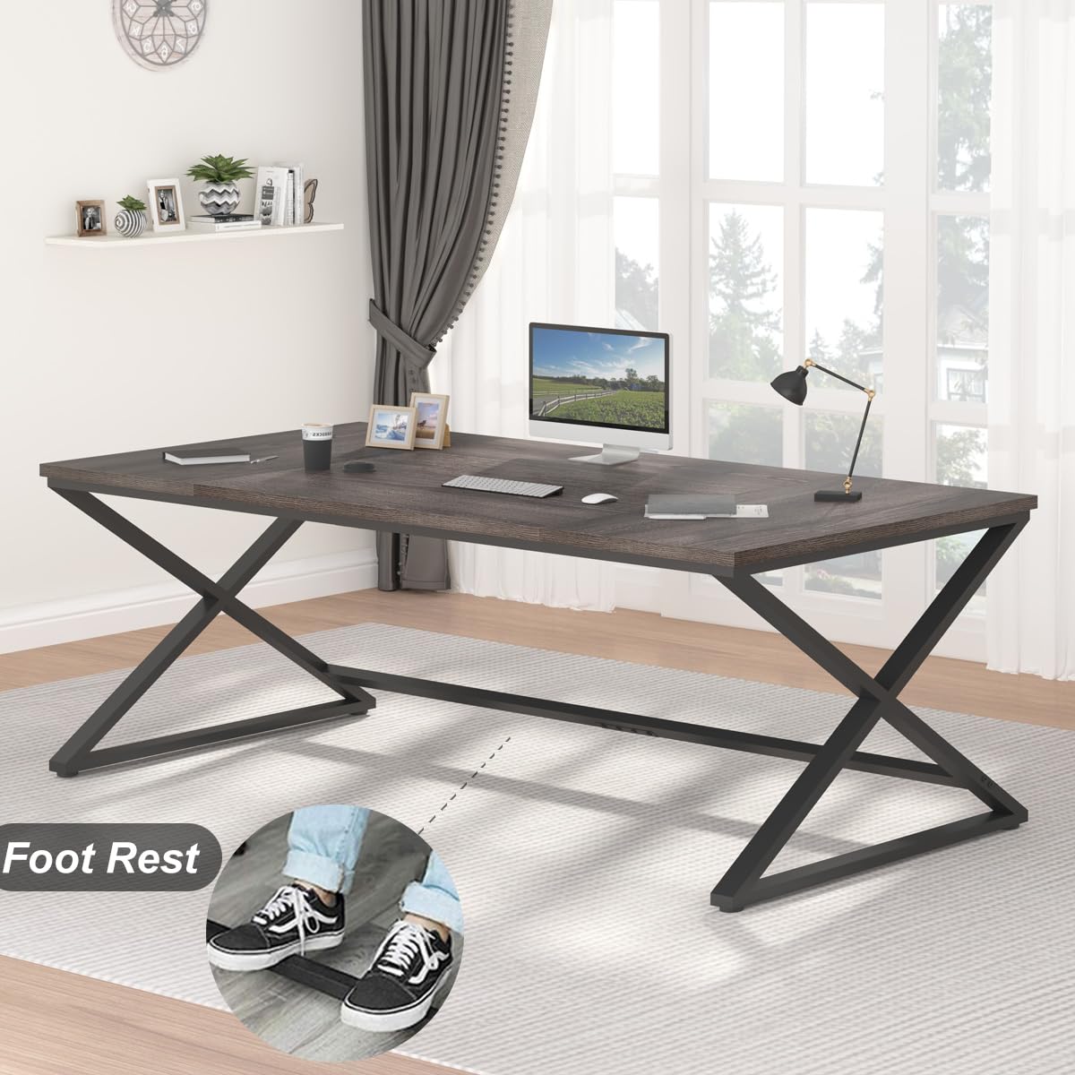 IBF 70 Inch Large Desk, Long Computer Desk for Writing Study, Industrial Home Office Work Executive Desk for Bedroom, Wood Metal Pc Gaming Workstation Computer Table for 2 Monitors, Dark Gray Oak