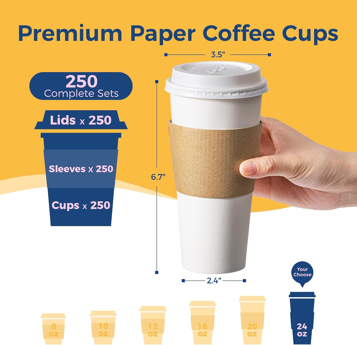 Fit Meal Prep 250 Pack 24 oz Disposable Coffee Cups with Lids, Sleeves, Leak-Proof To Go Coffee Cups with Lids, Durable Hot Paper Cups for Home, Office, Party, Business