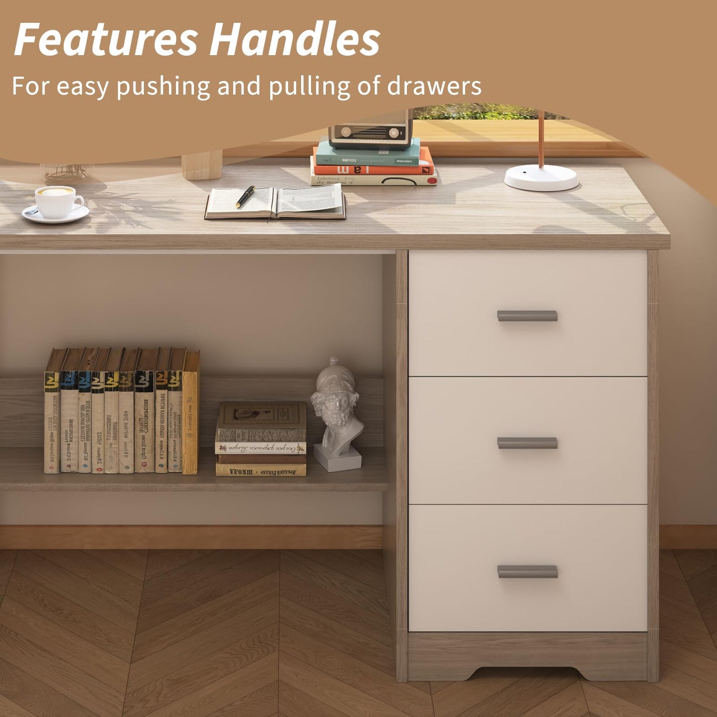 MaverickFurni Small Desk with 3 Drawers, 47 Inch Computer Desk with Drawers & Storage File Cabinet for Small Spaces, Home Office Desk for Bedroom, Bottom Shelves, White and Walnut