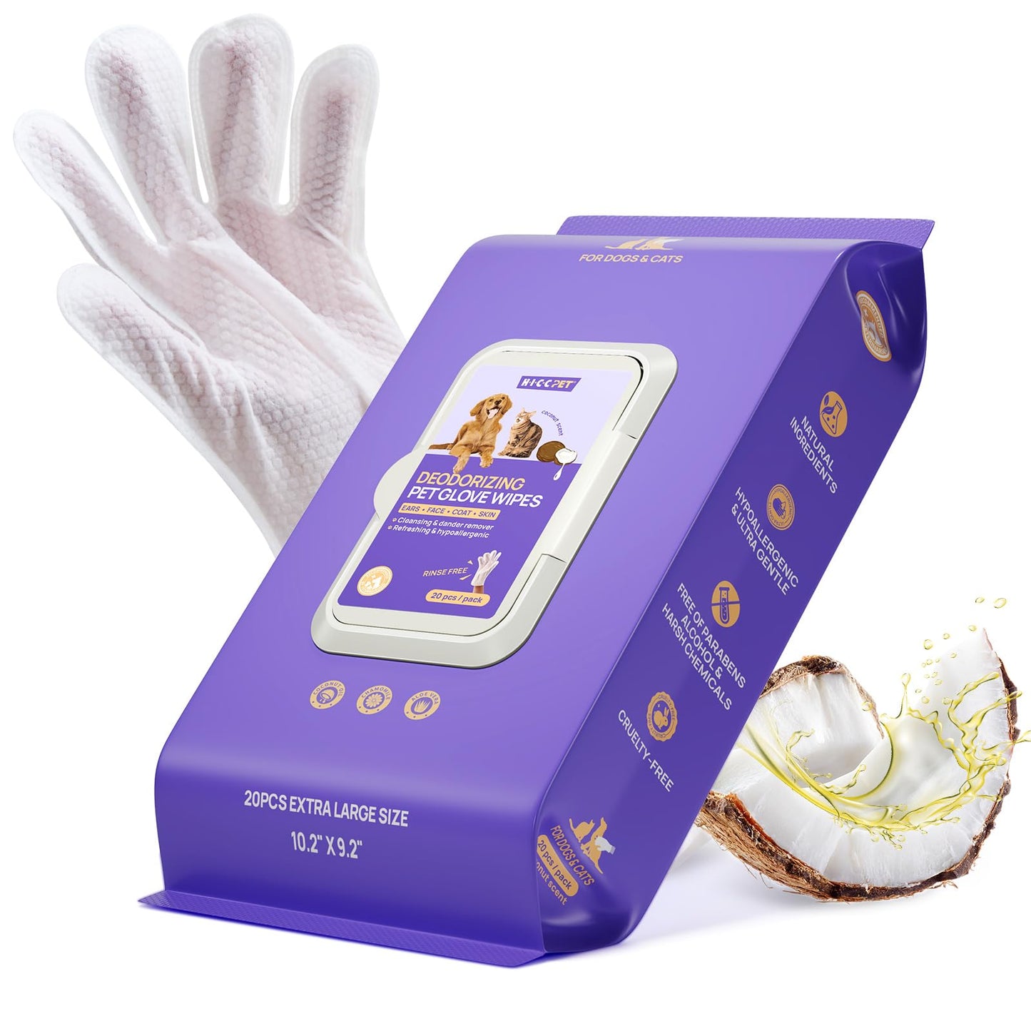 HICC PET Cleaning & Deodorizing Bathing Wipes for Dogs and Cats, Nourish Fur Coconut Oil Grooming Wipes for Dog/Cat, Pet Bathing Gloves Wipes for Daily Care and Traveling, Hypoallergenic