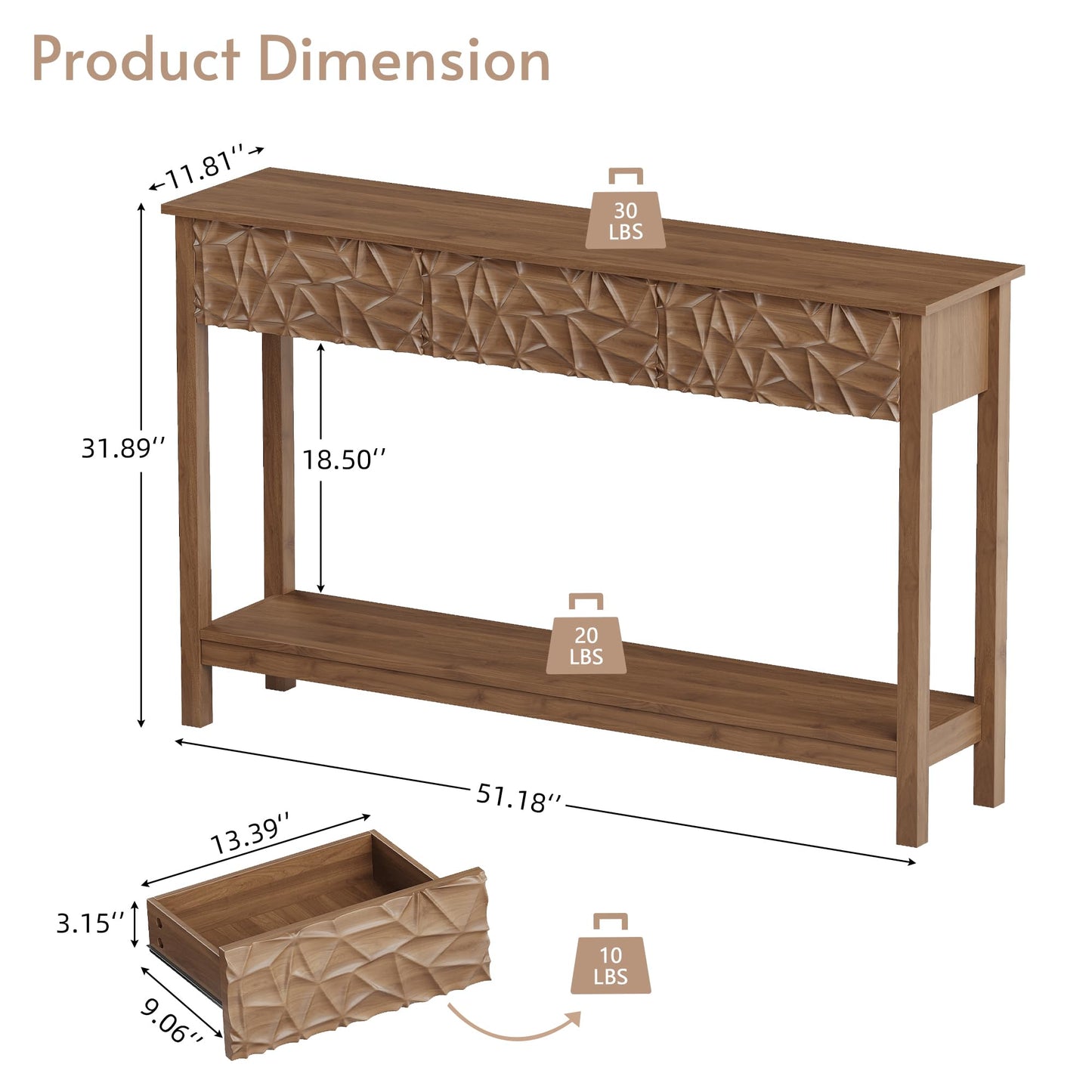 EVEVMINM 51 Inch Modern Console Table Farmhouse Entryway Table with 3 Drawers Narrow Wood Entry Way Table with Open Storage Shelf Long Sofa Table Behind Couch for Hallway, Foyer, Living Room, Walnut