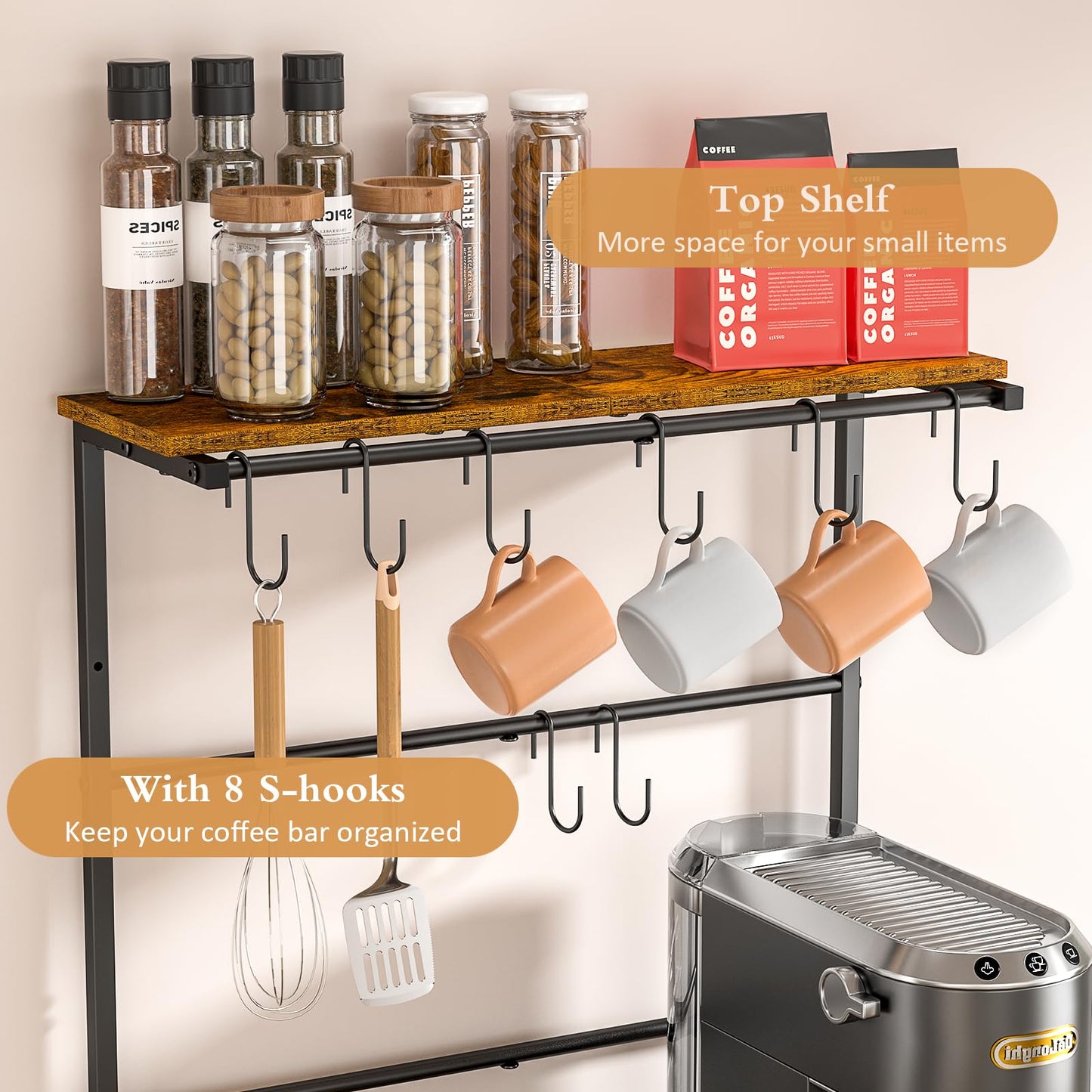 4 Tier Coffee Bar Station, Kitchen Stand with 8 S-Shaped Hooks, Large Space Coffee Station Table, Farmhouse Coffee Bar Shelf, Bakers Rack for for Kitchen, Living Room, 24.41" W x 15.78" D x 57.17" H