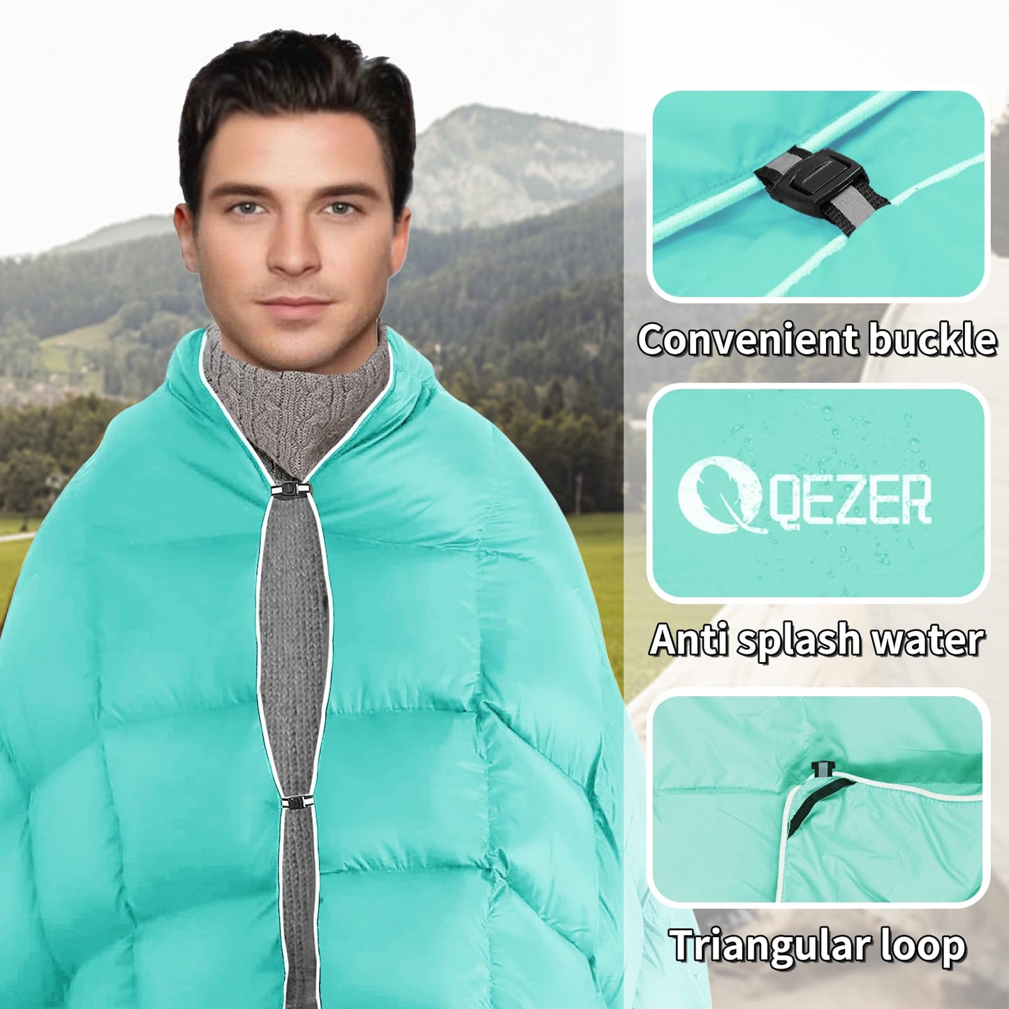 QEZER Down Camping Blanket Packable,600+Fill Power，Multi-Purpose Warm Camping Quilt for Outdoor Camping, Backpacking, and Hiking, 73x53 inches.（Light Green）