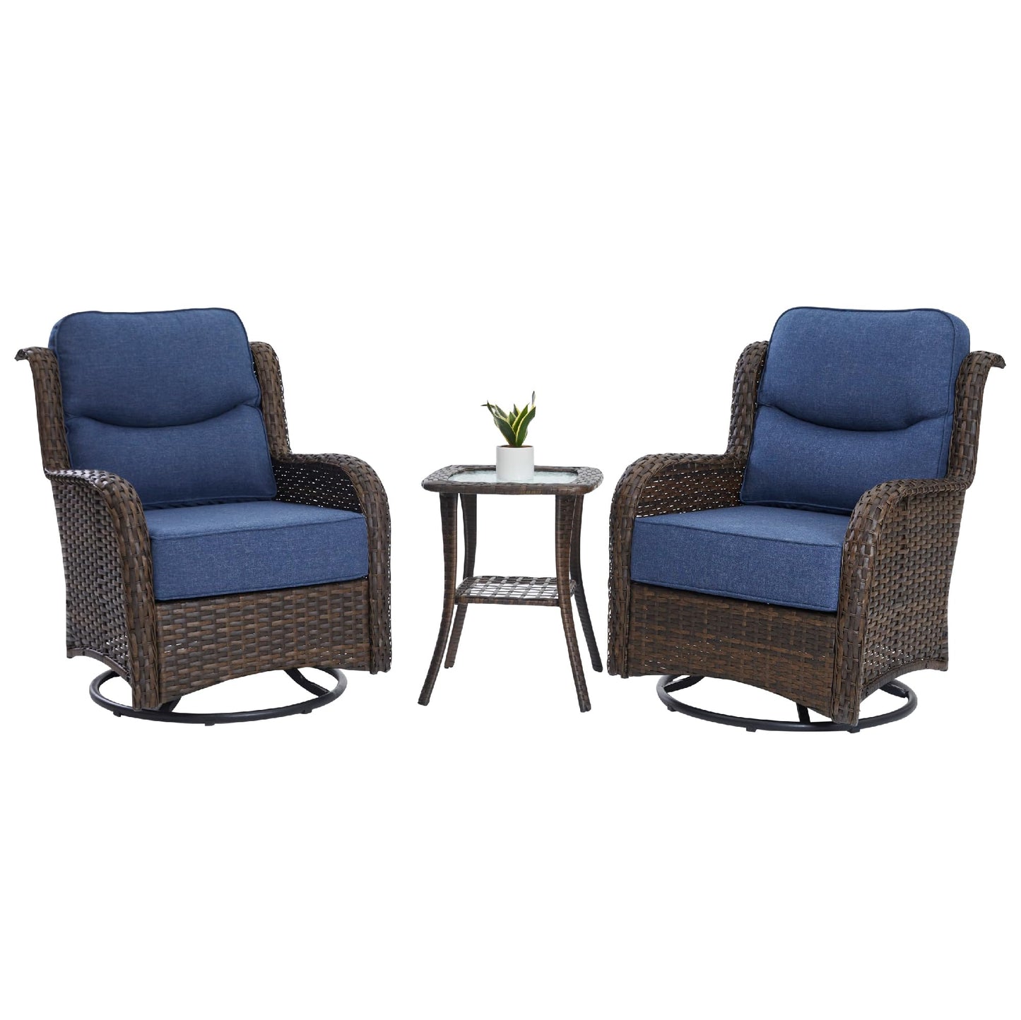 HILLGA Luxury Outdoor Swivel Rocker Patio Chairs of 2 with 6 Inch Thick Cushions and Side Table, Swivel Outdoor Chairs 3PCS High Back Wicker Patio Furniture Set for Porch, Balcony, Deck in Blue