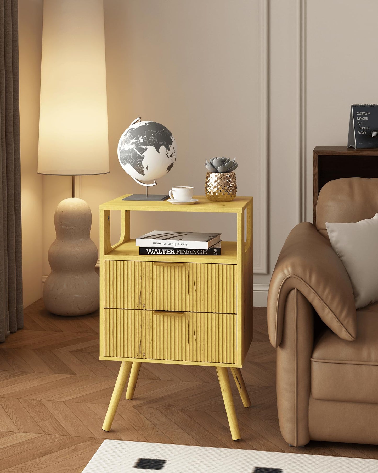 Leomonio Nightstand,Modern Bedside Table with 2 Storage Drawer and Open Wood Shelf, for Bedroom and Small Spaces,Night Stand with Solid Wood Legs, Yellow Oak