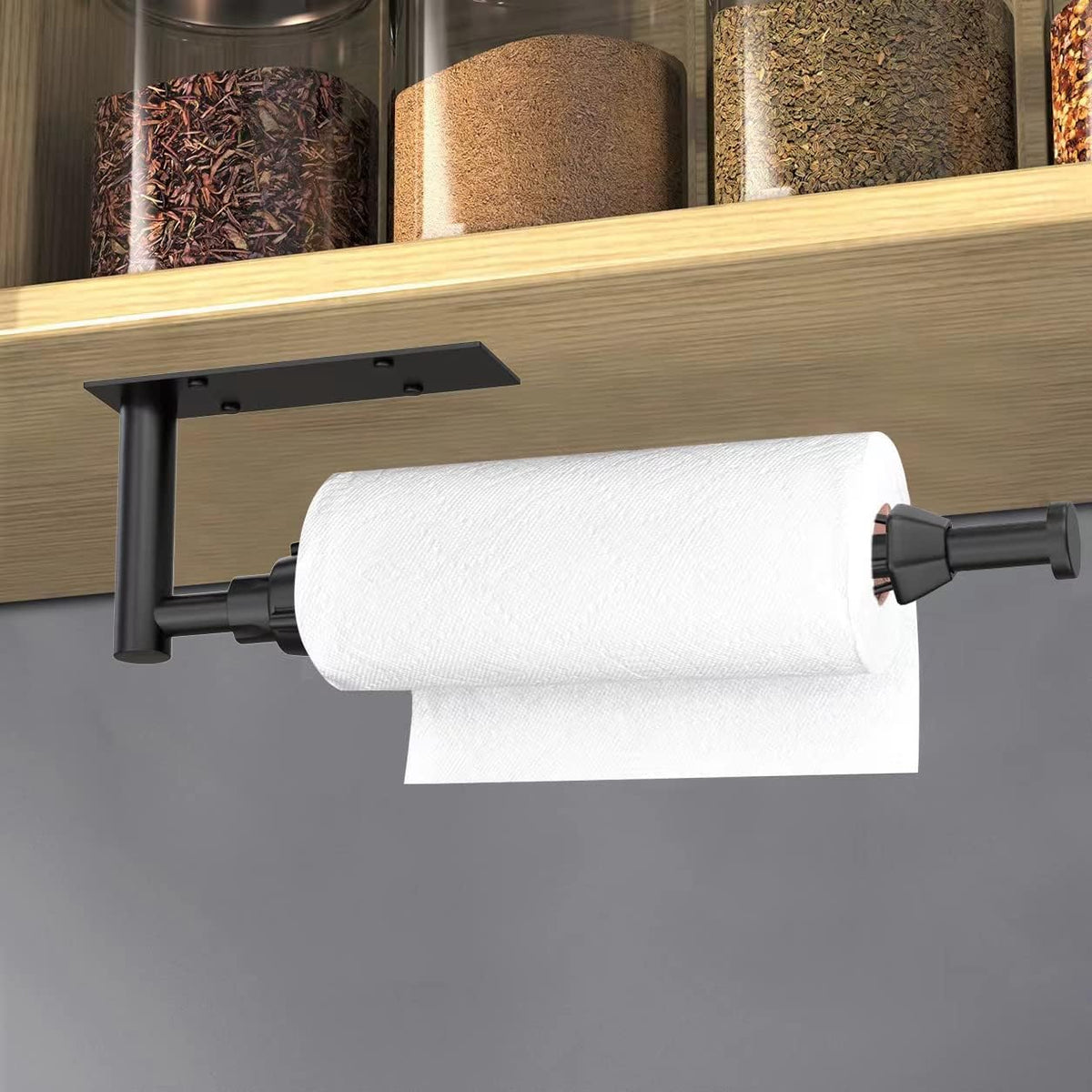 VAEHOLD Self Adhesive Paper Towel Holder Under Cabinet Mount, Wall Mounted Paper Towel Roll Holder with Damping Effect for Kitchen, Bathroom, Wall - SUS304 Stainless Steel (Matte Black)